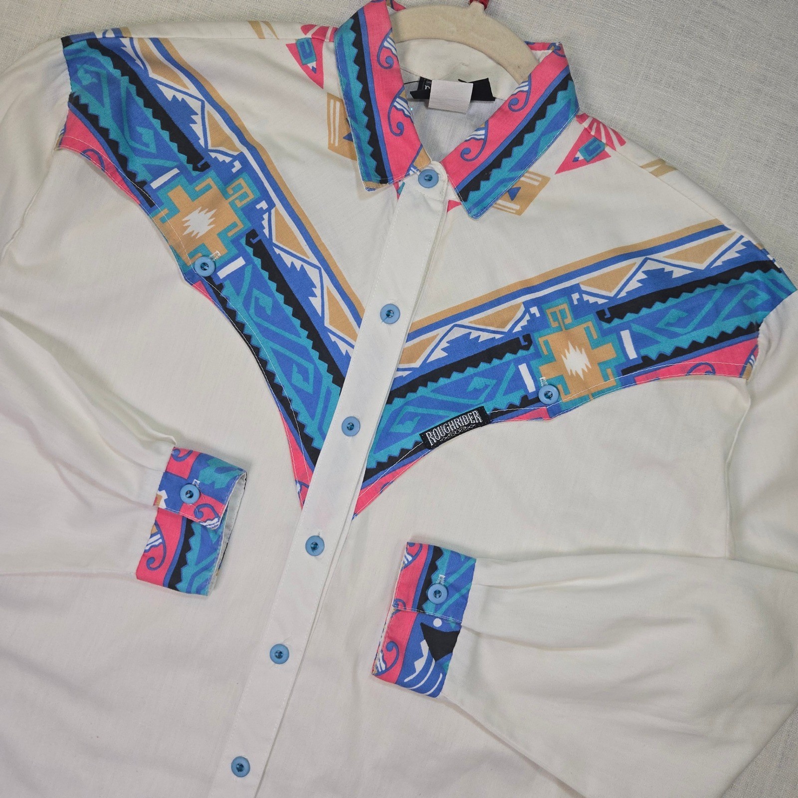 VTG Roughrider Aztec Print Shirt Button Up Circle T Women 9/10 Western Yoke USA
