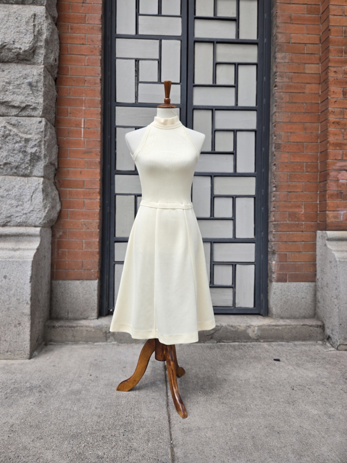 VTG 1970s Young East Preppy Tailored Sports Tennis Summer Dress Blue Cream Knit