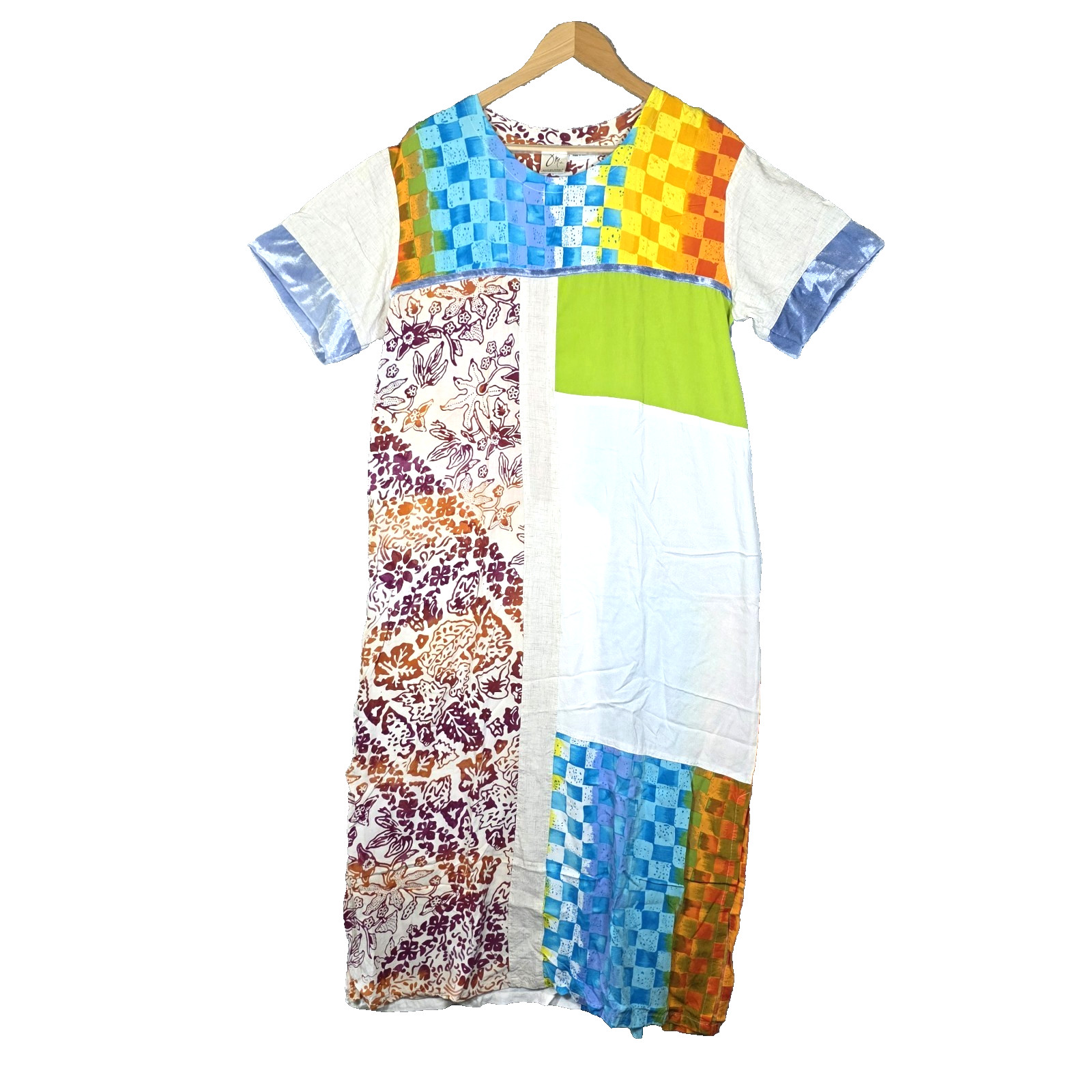 ​VTG George Miko 2 Bali Emerald Patchwork Dress Rayon Batik Art To Wear Boho LG