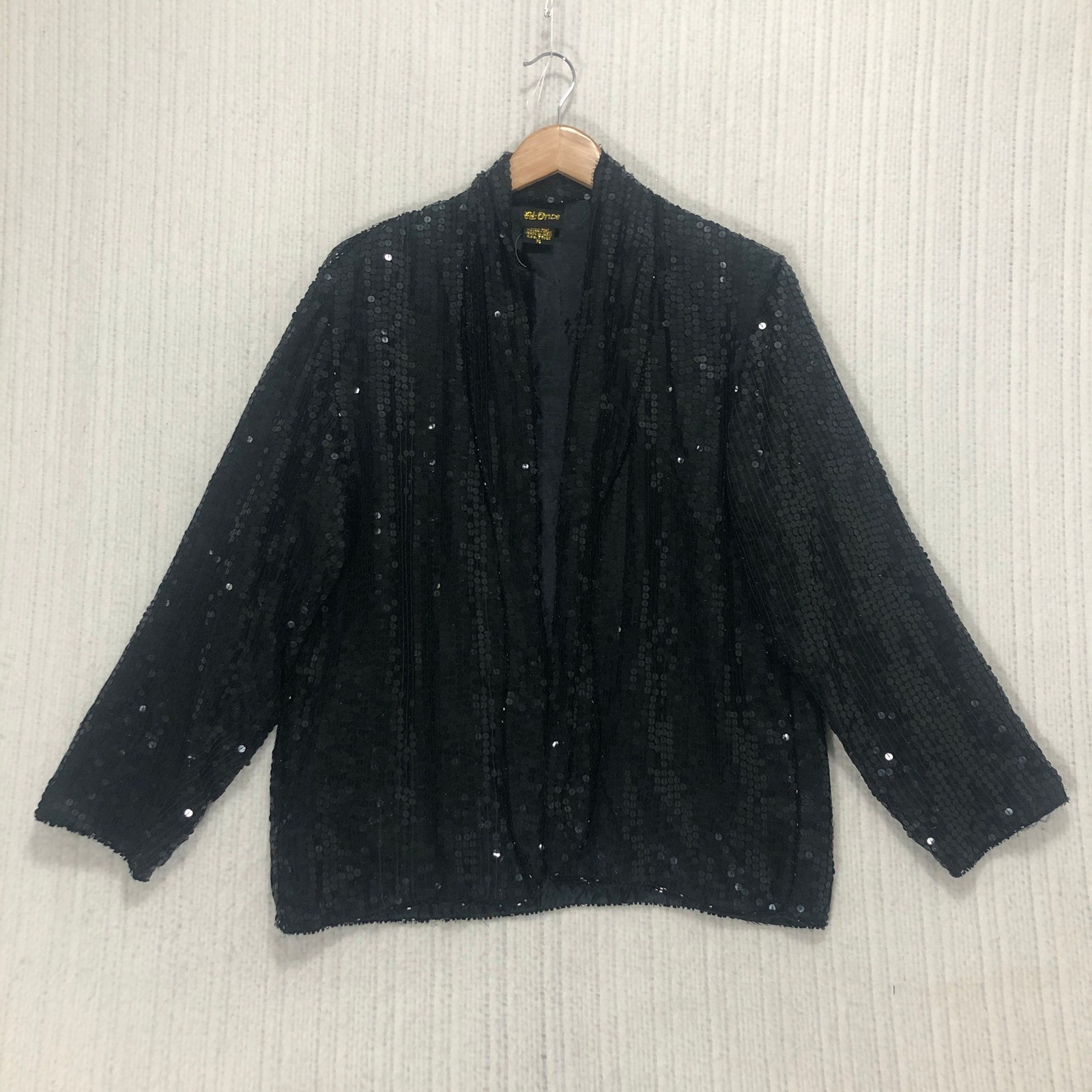 At Once Vintage 100% Silk Black Sequin Open Front Evening Jacket Medium RN 73283