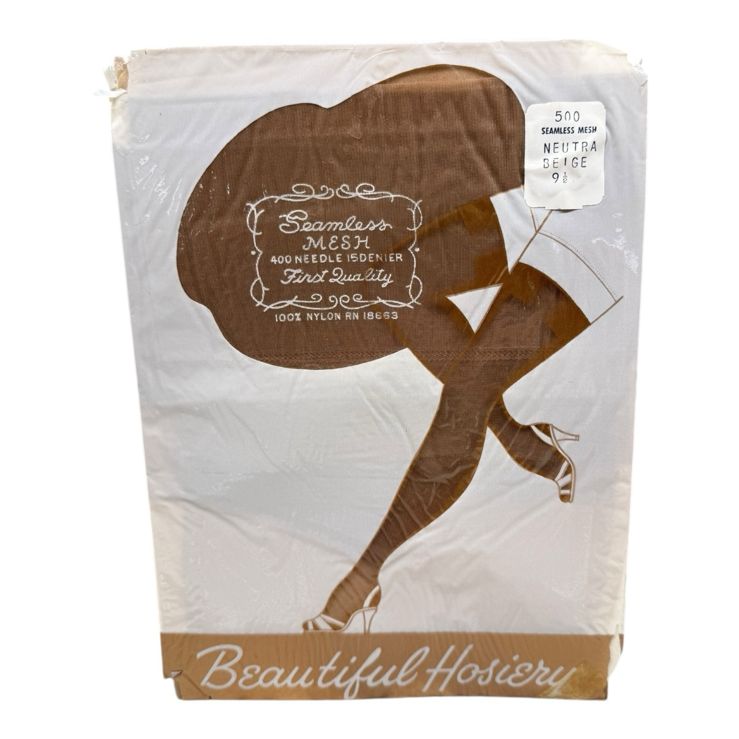 Vintage Beautiful Hosiery Seamless Mesh 400 Needle Stockings Beige Size 9 1/2