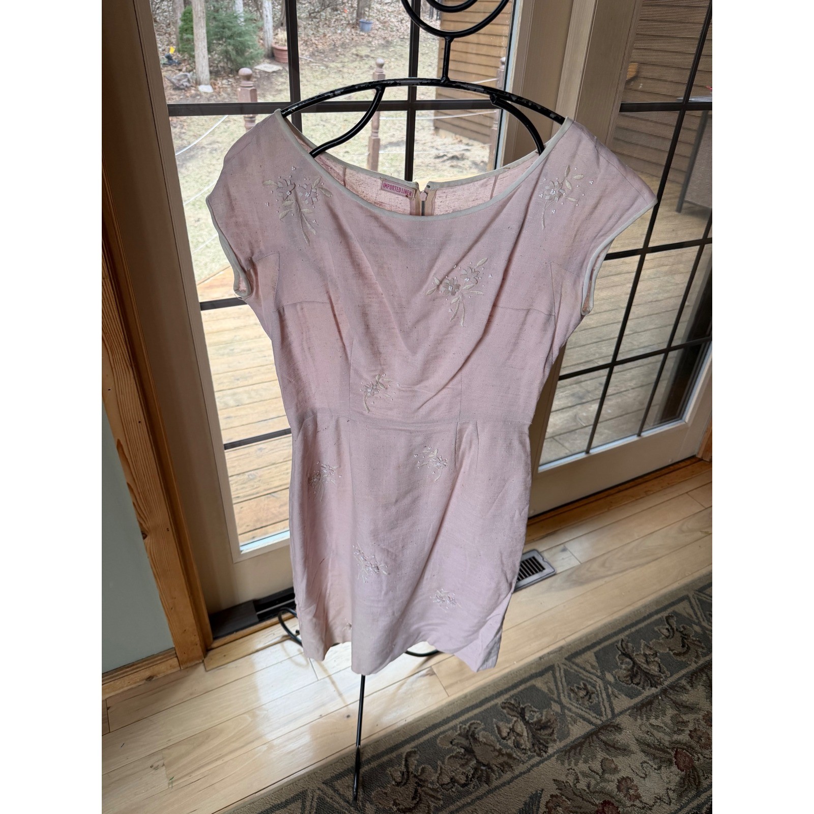 Vintage Rembrant 50’s Pink Imported Linen Embroidered Bead Sheath Dress Cap Slv