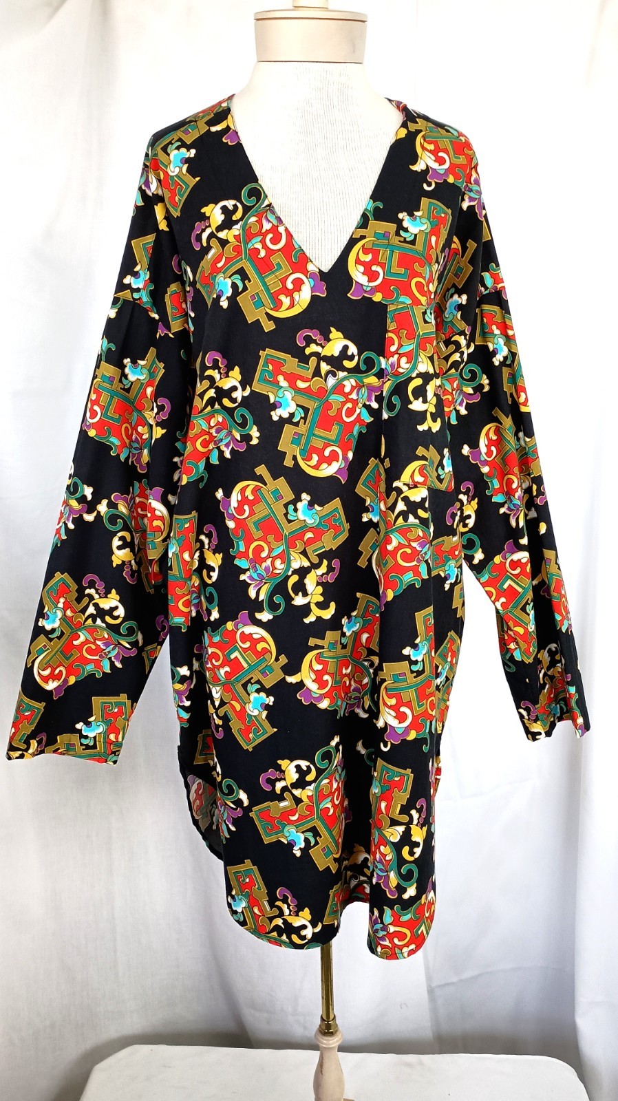 Vintage 70s-80’s Tactics Black Multi Cotton/Rayon Dress/Tunic Top Size L