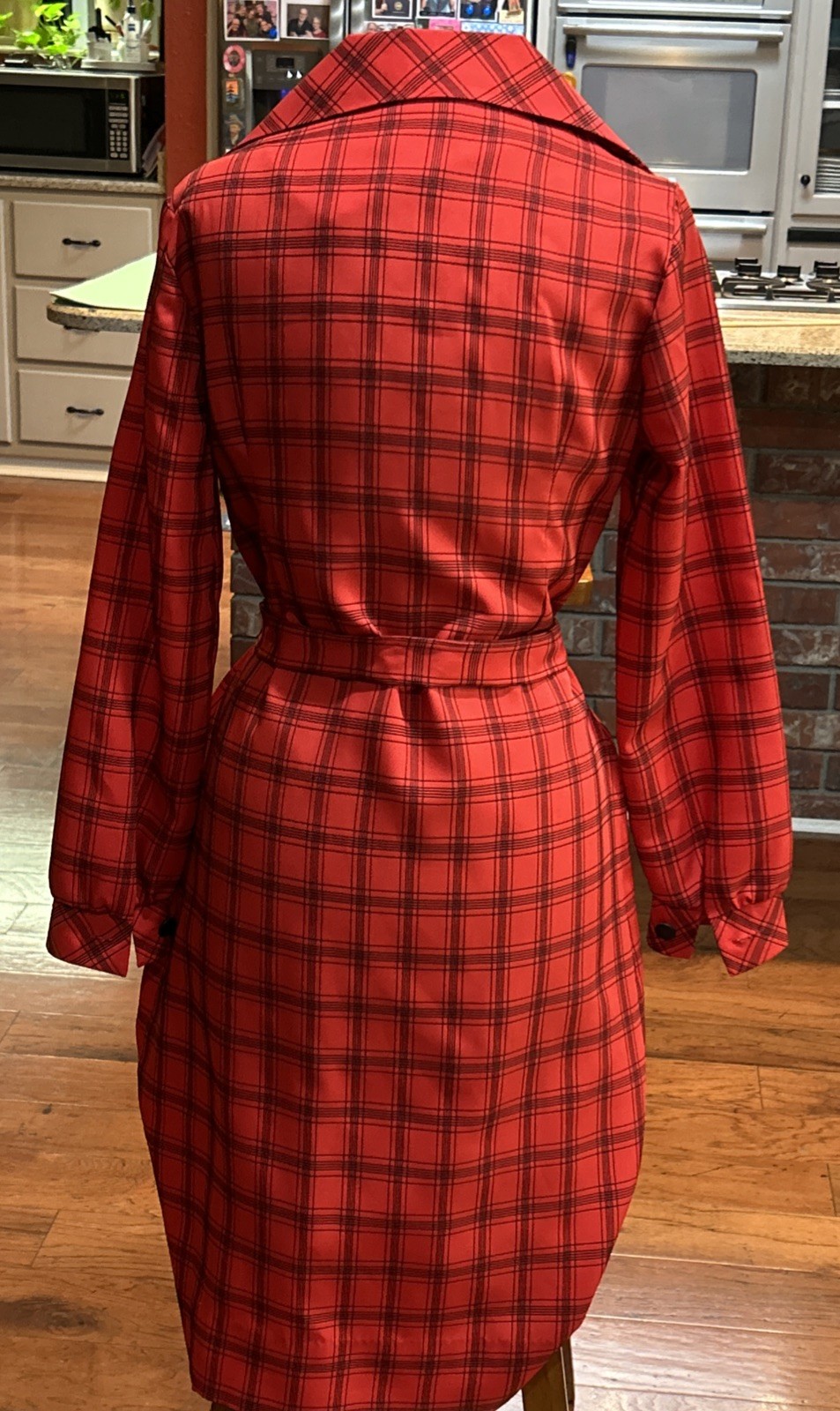 Vintage Red Black Plaid stripes Shirt Dress Polyester Knit Medium Large EUC