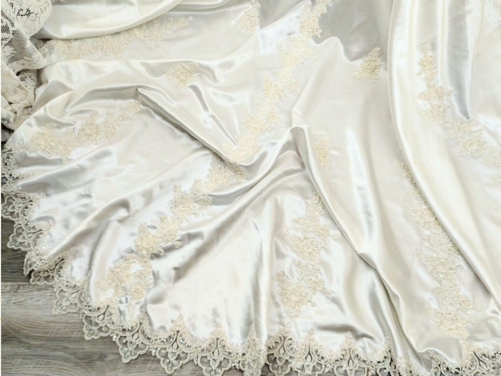Vtge 80s Wedding Dress: Ivory Satin, Pearls, Sequins, Puff Sleeves, Basque Waist