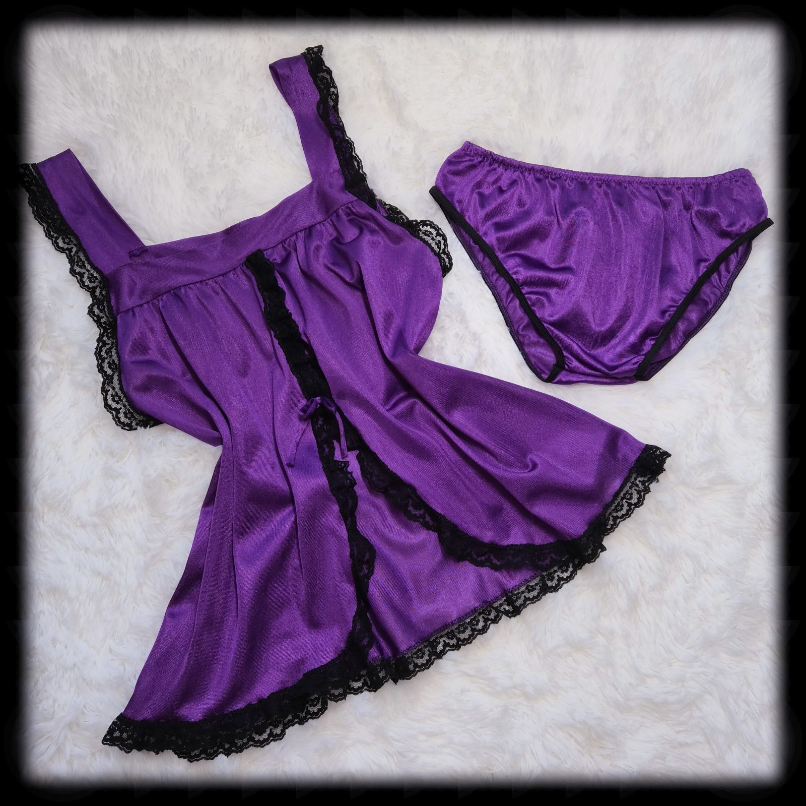 60s Vintage 2pc BABYDOLL Nylon Gusset PANTY Set SHINY Purple BOWS Frilly ~ M/L