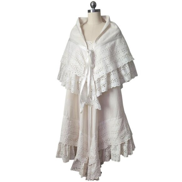 JOSEFA 70’s Boho Bridal Eyelet Ruffle Folk Style Prairie dress with shawl/cape