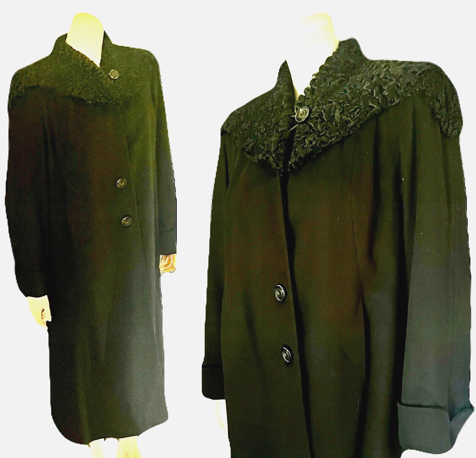 Late 1940s Inky Black Wool Coat, Fabulous Persian Lamb Collar, Excellent, L -XL