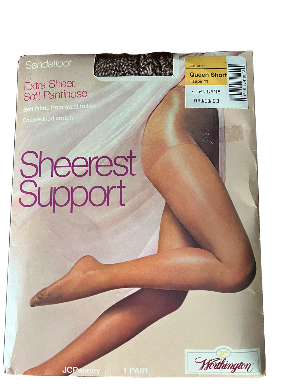 Worthington Pantyhose Sheerest Support Sandalfoot Taupe 41 Size Queen Short Vtg