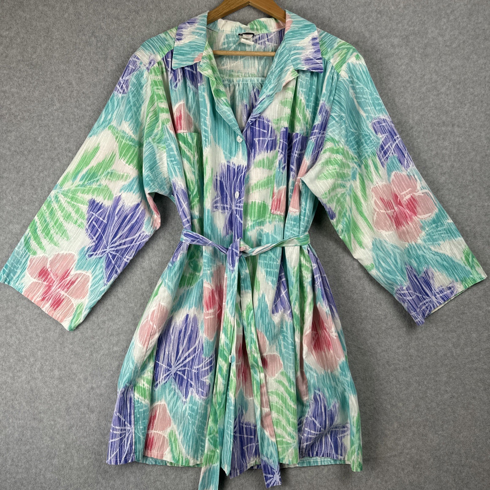 Vintage 70s Gabar Tropical Cover Up Shirt Dress Belted OSFA Union Made USA