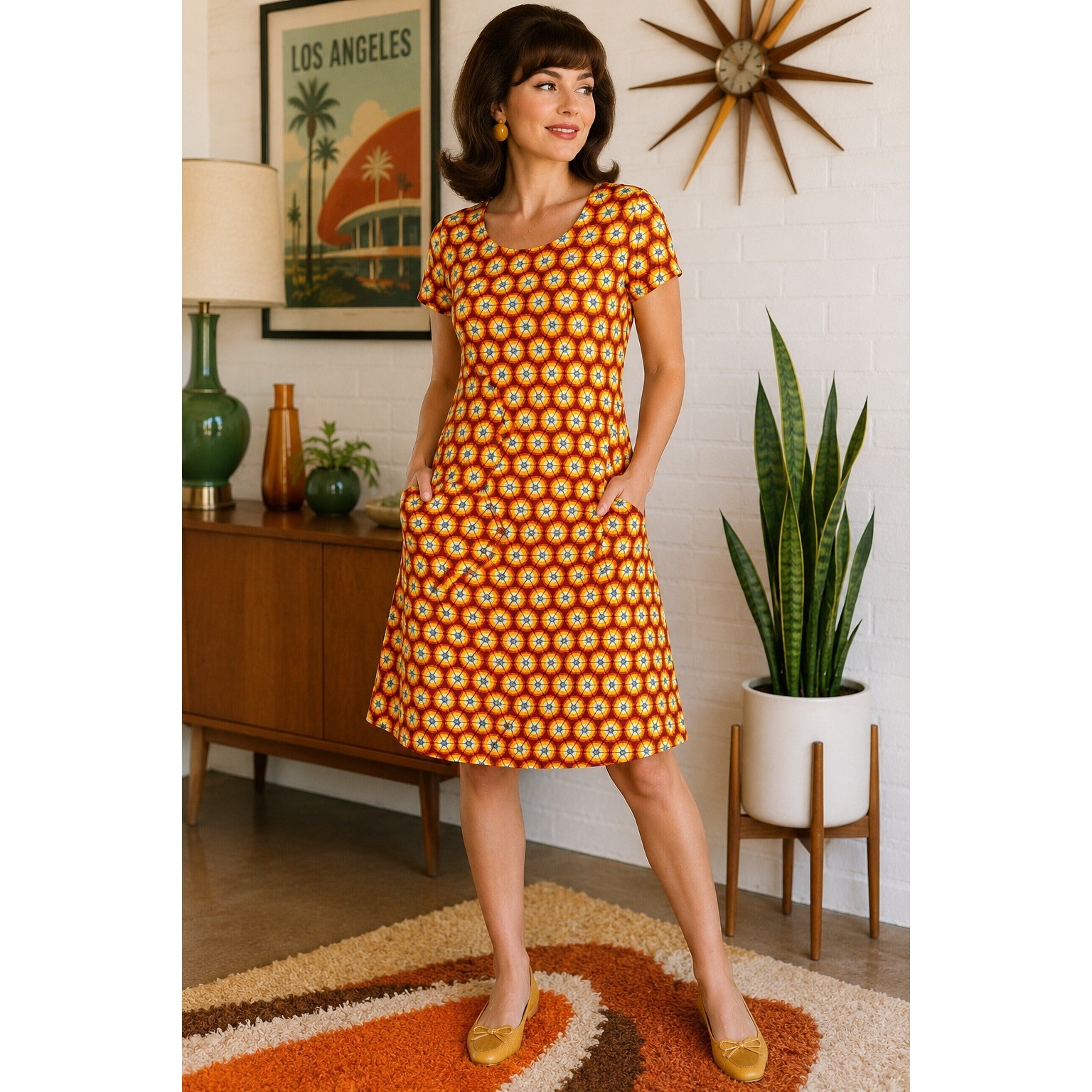 Lesley Evers Orange Yellow Retro Geometric Floral Shift Dress Pockets M 60’s