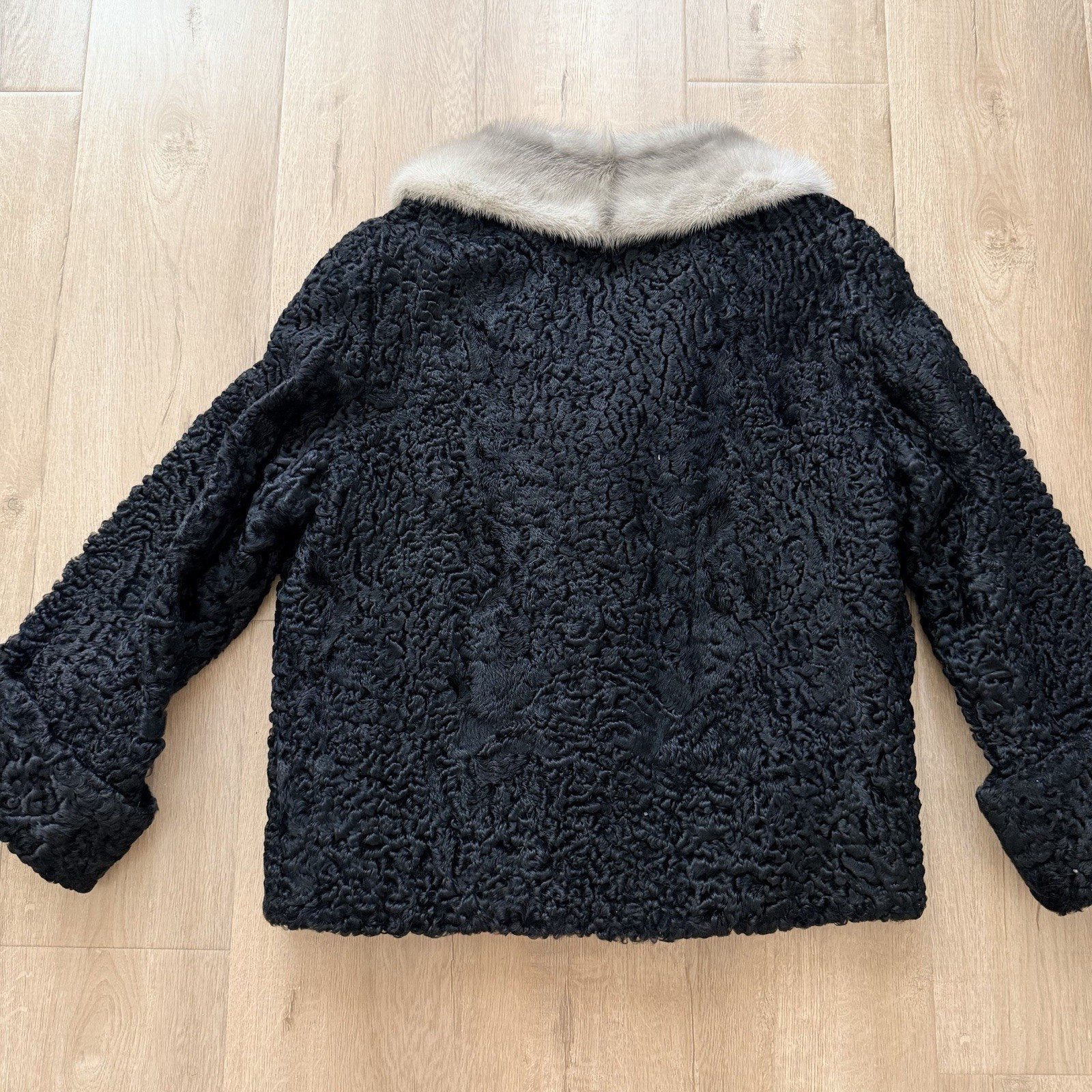 Vtg Persian Lamb Black Fur Jacket With Silver Mink Collar Short Coat Jacket M/L