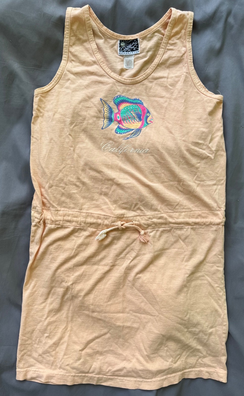 VTG 80s Catchin’ Rays Resortwear California Fish Belted Tank T-Shirt Dress ORG S