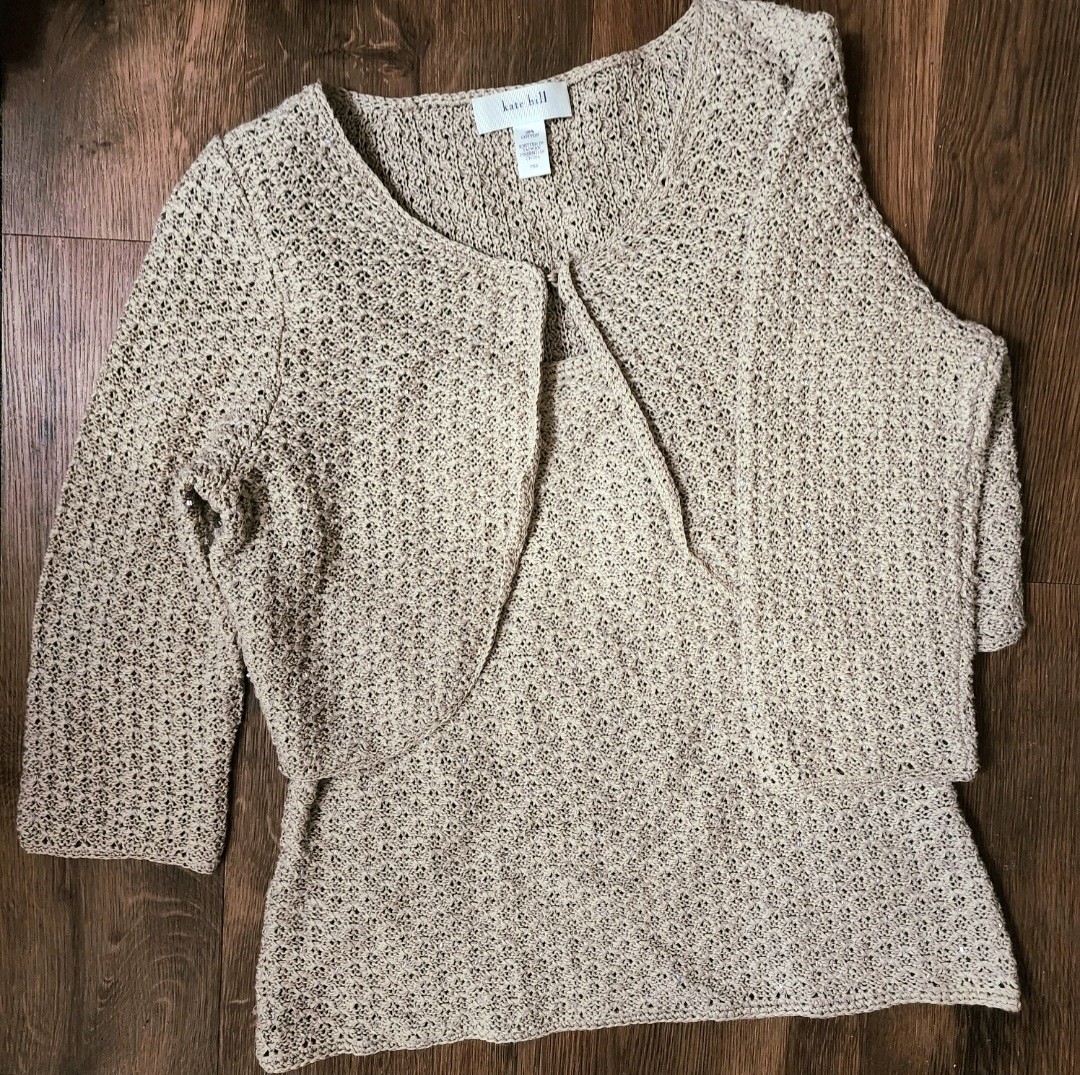 VTG Hand Knit Crochet Bolero Crop Cardigan Jacket /Tank Camisole Set W/beads~PXS