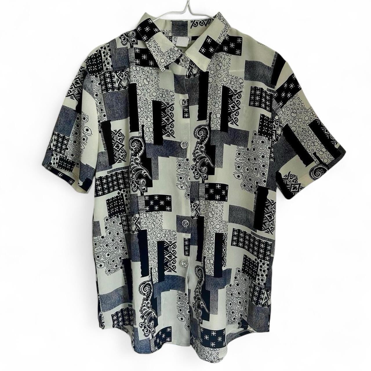 Vintage Fashion Gold U.S.A. Black and White abstract patchwork button up shirt M