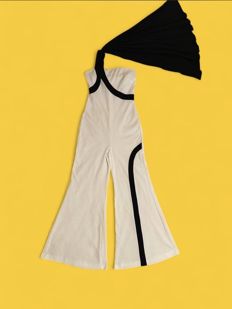 Vintage 70s Deadstock NWT White Black Bell Bottom Off the Shoulder Cape Jumpsuit
