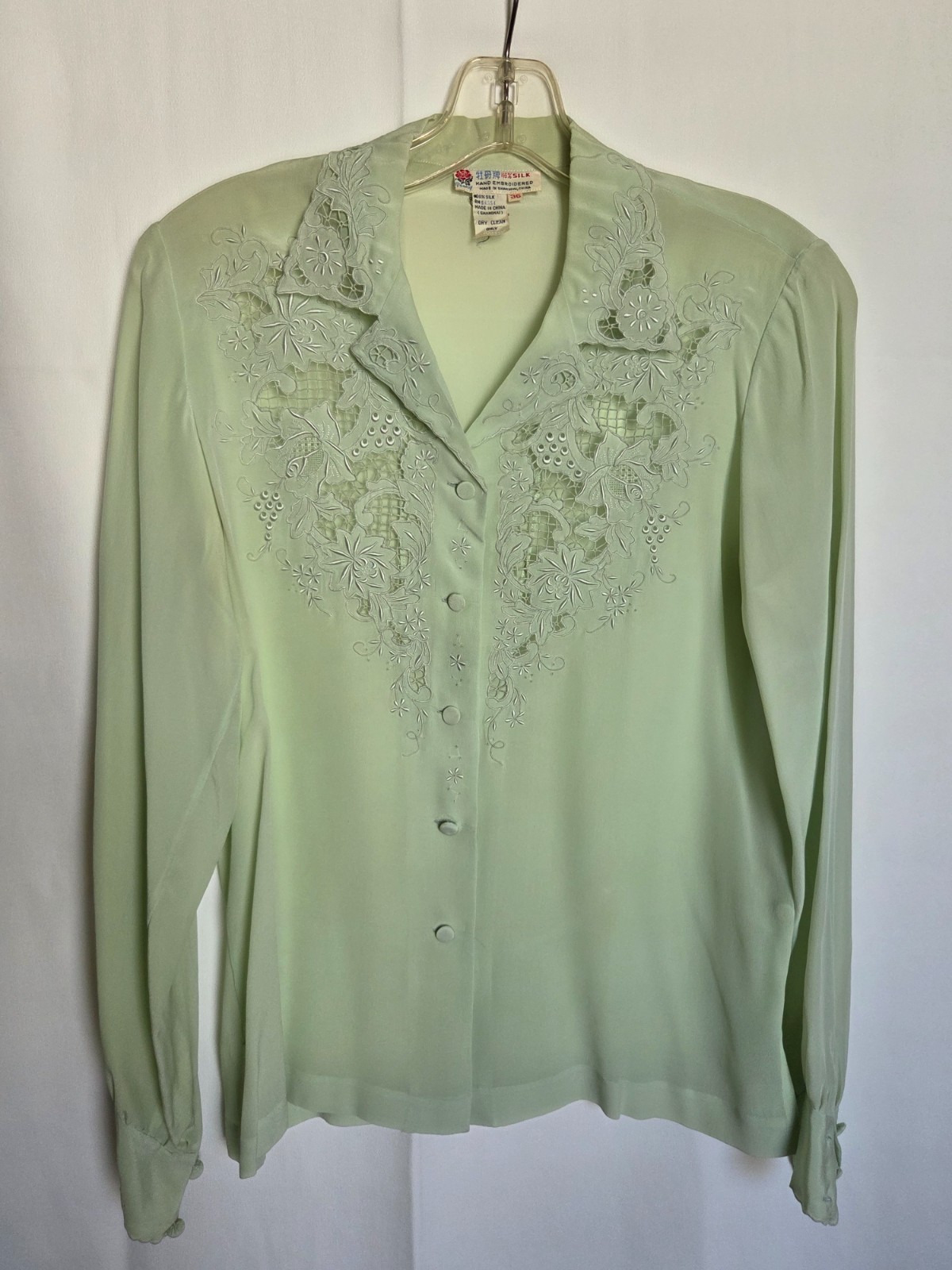 Vintage Peony 100% Pure Silk Hand Embroidered Blouse Sz 36