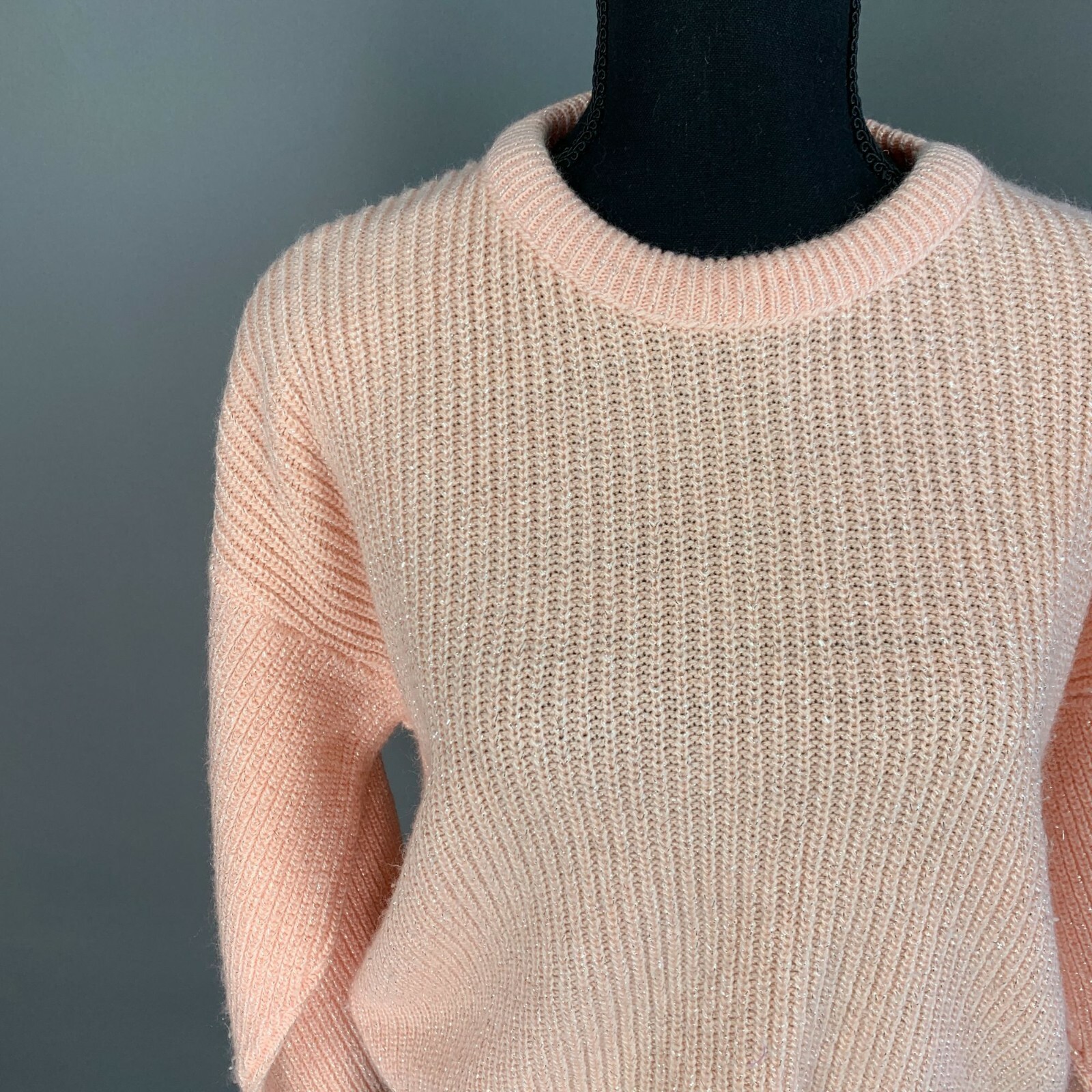 Vintage Spring Seasons Peach Pink Silver Metallic Long Sleeve Sweater Size Small