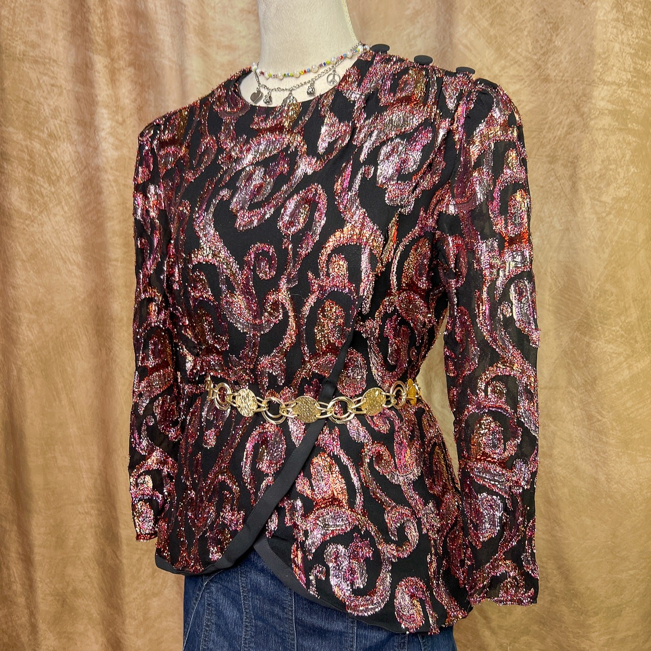 Vintage 80s Metallic Wrap Top Paisley Swirl Wrap Blouse Disco Party Couture
