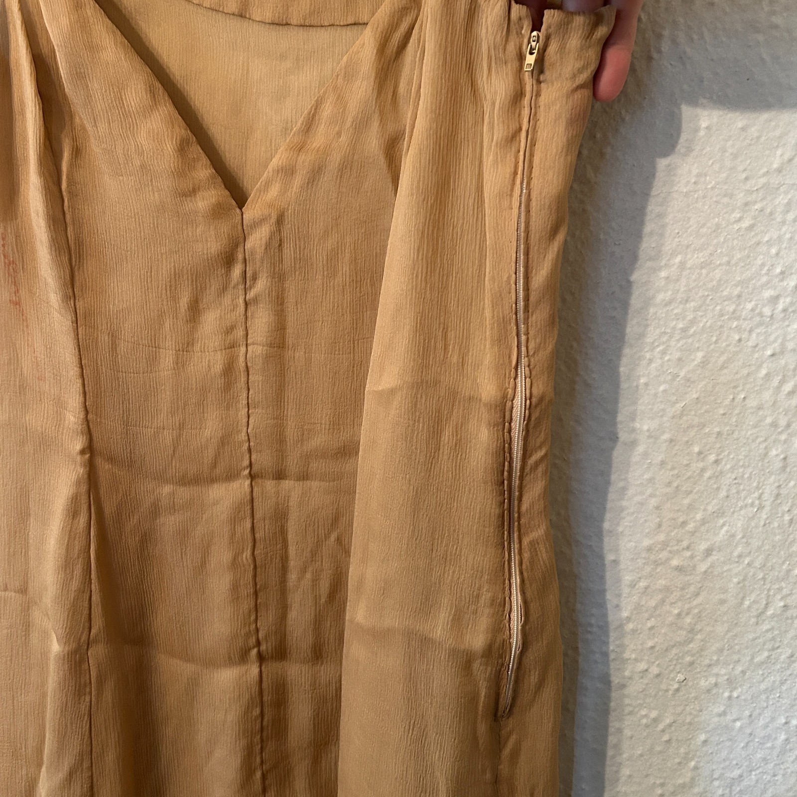Vtg Pauline Trigere Womens L Sheer Beige Crepe Silk Slip Dress Lingerie