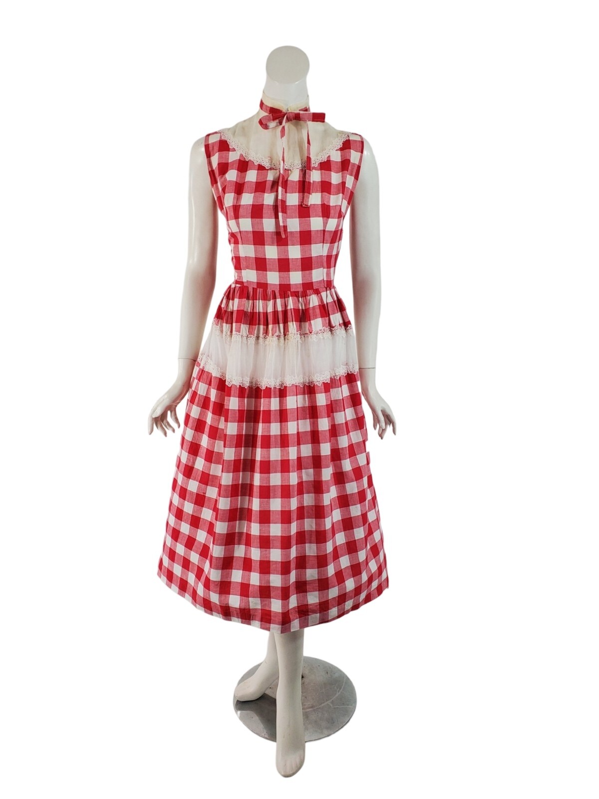 Vintage 40’s Dress – 1940s Red Gingham Sleeveless Cotton and Organdy Midi – sm