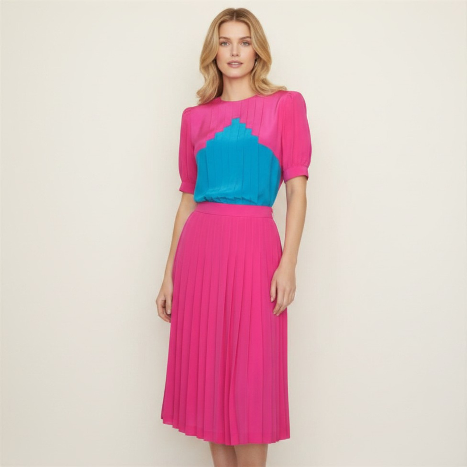 Vintage 80s Silk Studios Pink Blue Colorblock Skirt Set S M Silk 2pc Dress