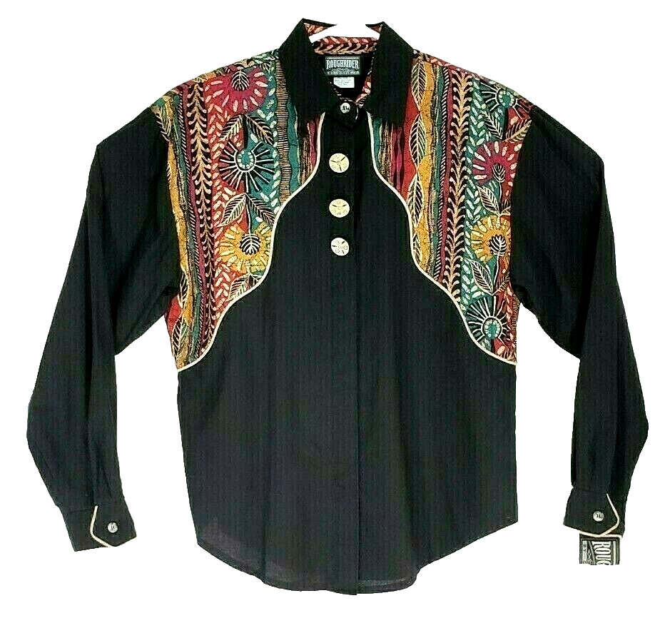 Roughrider Shirt Med Women’s Western Rockabilly Cowgirl Black Print USA NOS VTG