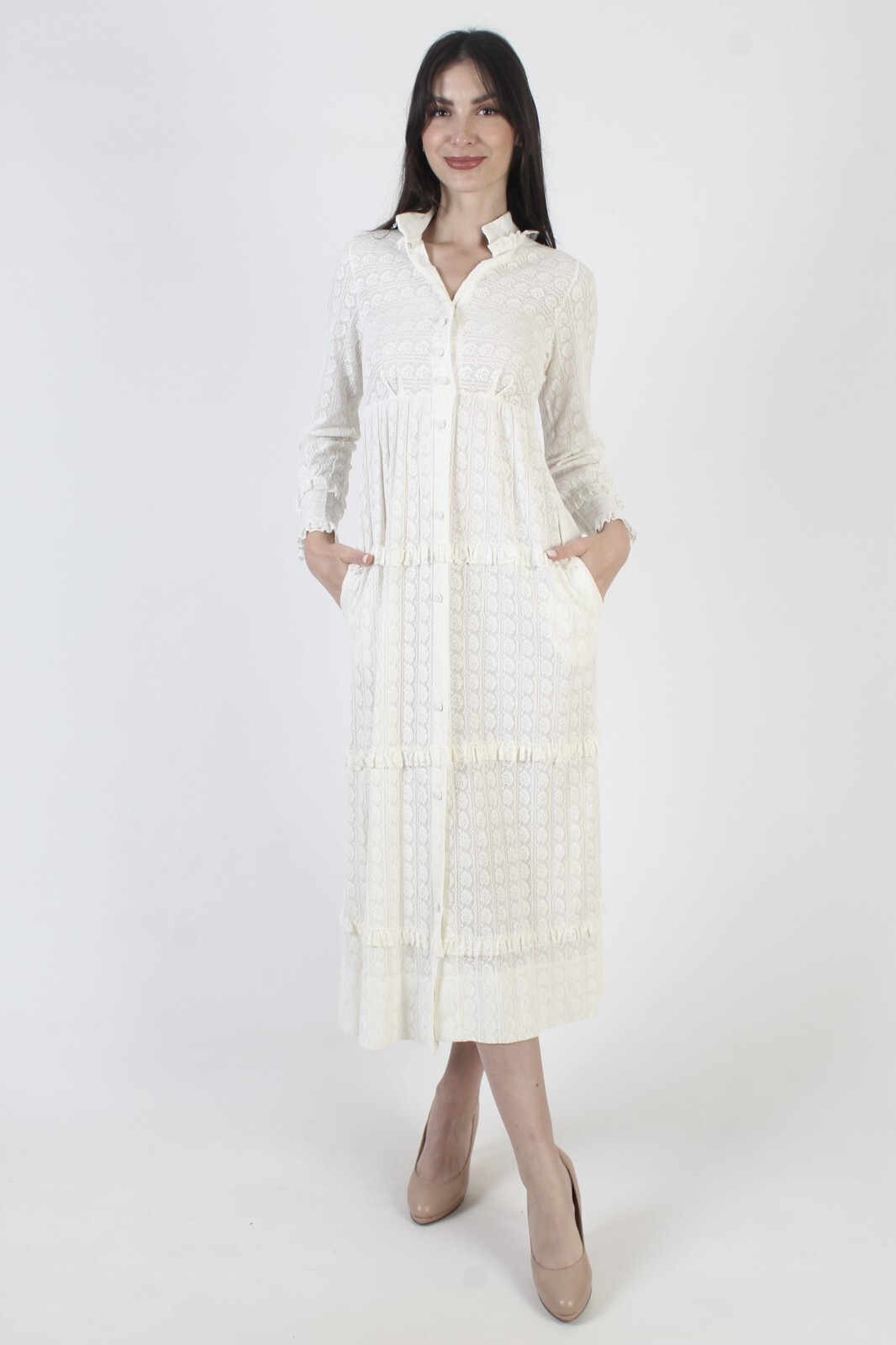 Vintage Plain White Lace Dress Button Up Victorian Tiered Sheer High Waist Midi