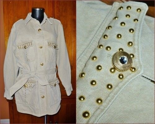 Vtg 80s SAFARI GOLD Studded Jeweled Beige Denim Jean Cotton Belted COAT Jacket