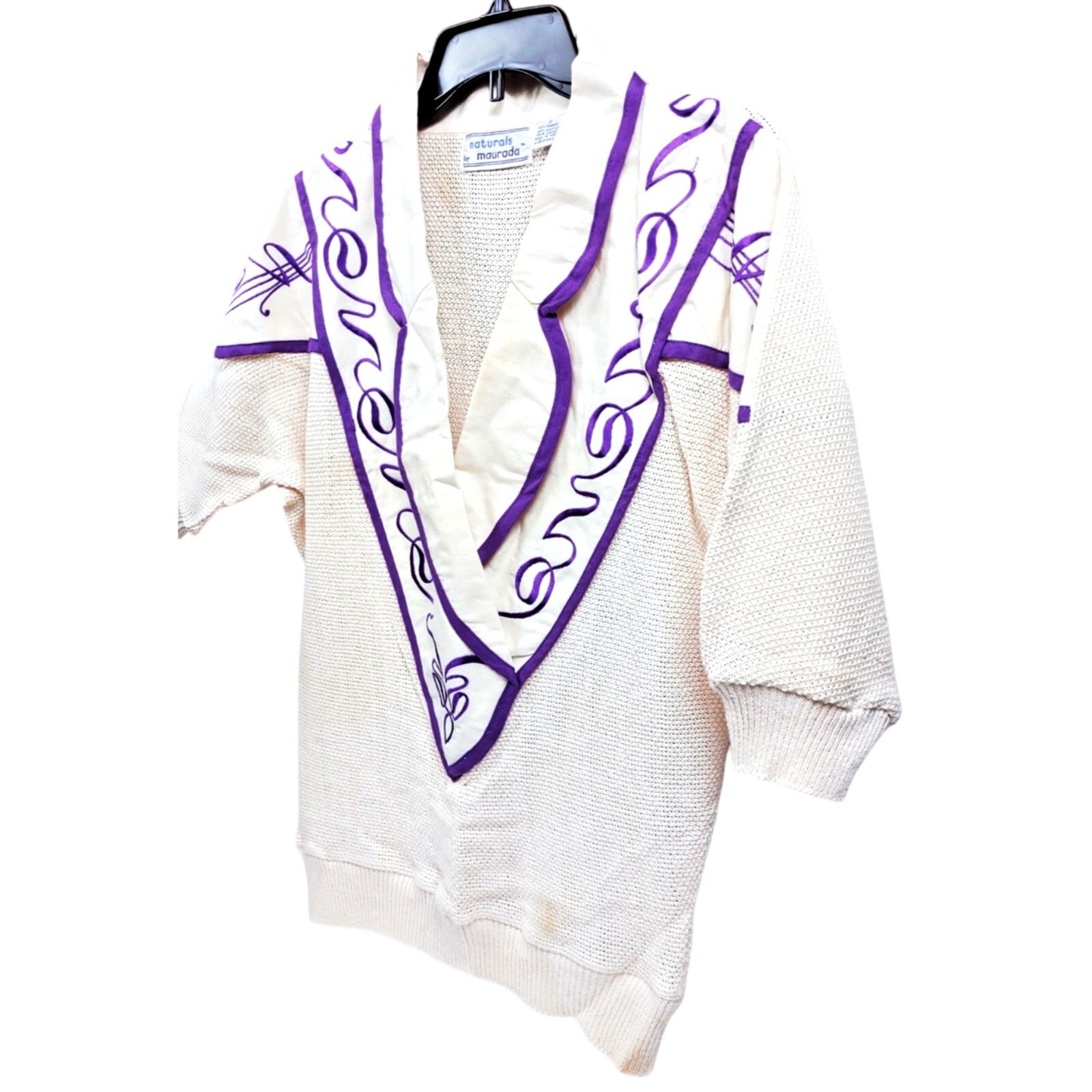 Vintage Maurada Embroidered Crochet Coverup Sweater Open Weave 80’s Small Ramie