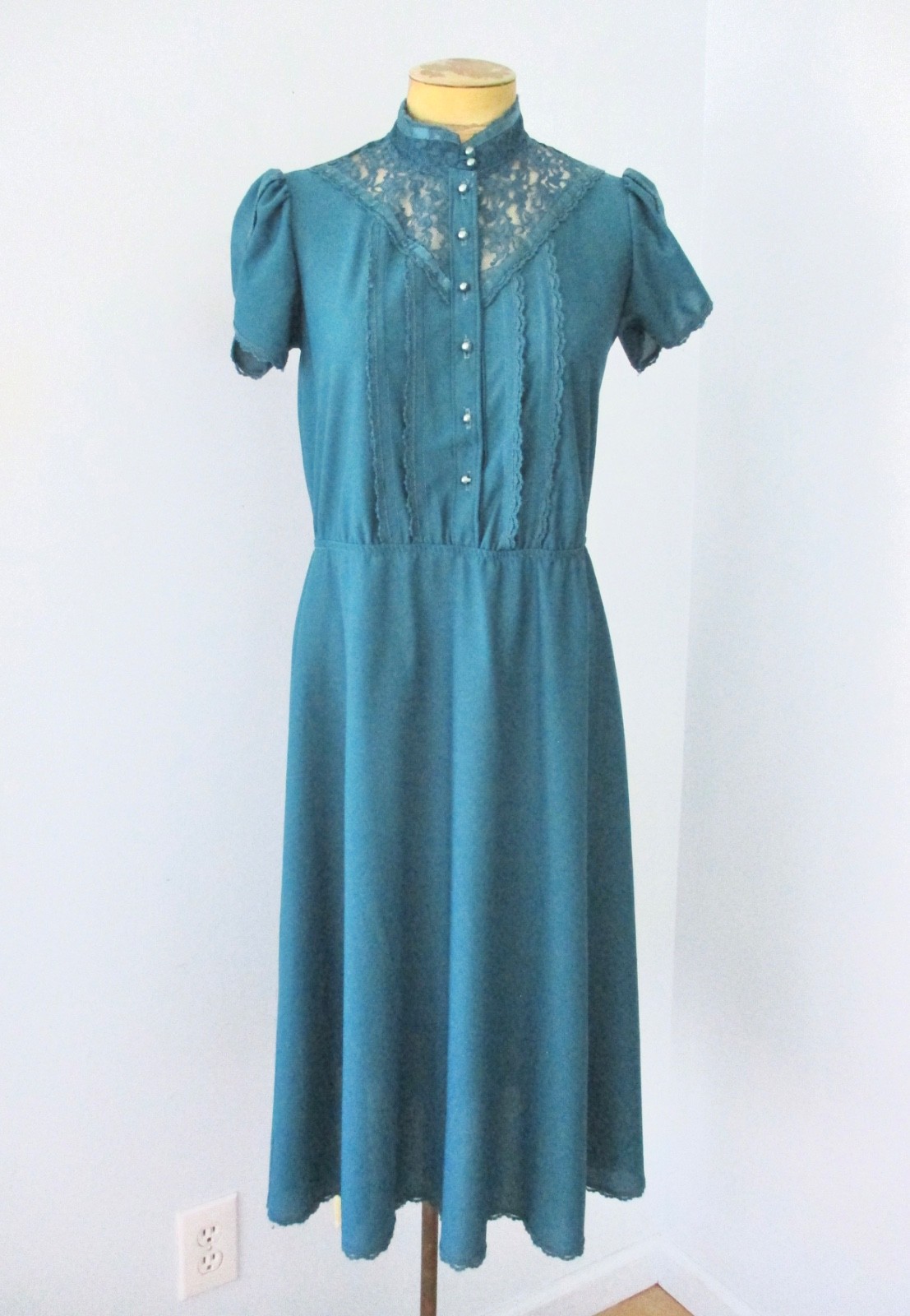 Vtg 70s Teal Blue Poly Knit Secretary Dress Lace Yoke High Neck Tux Pleats XS/S