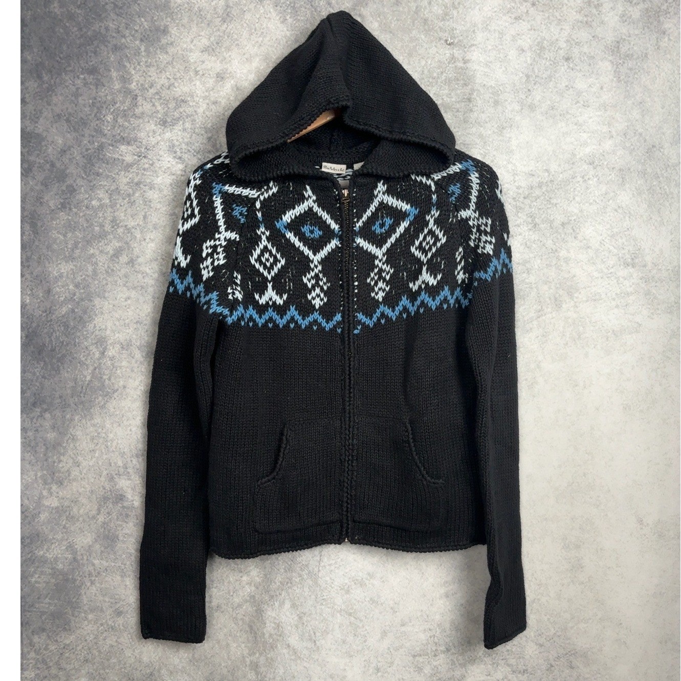 Vintage 90’s Rubbish Hooded Fair Isle Full Zip Knit Sweater Ramie Cotton Medium