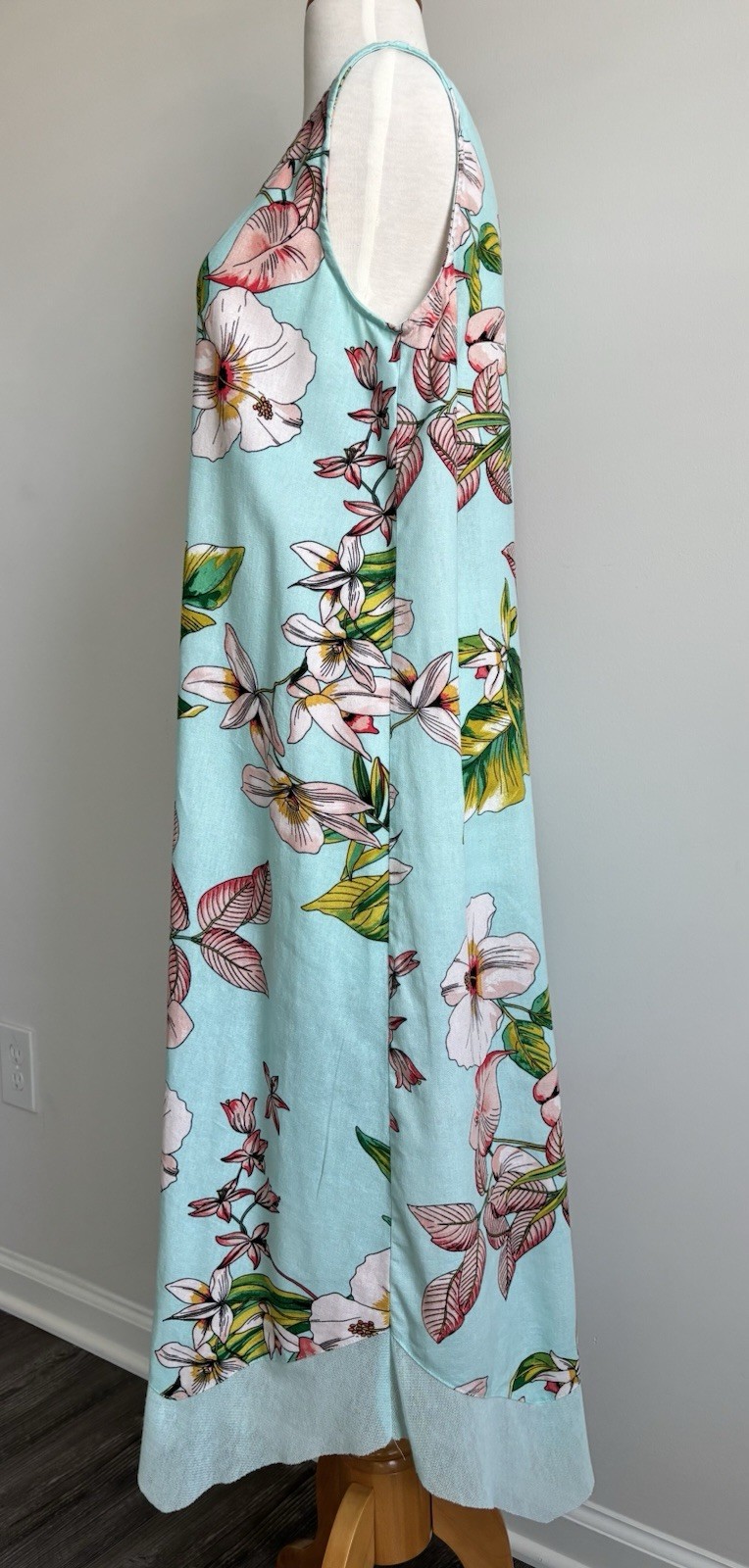 For Cynthia Sleeveless dress light blue with tropical floral. print