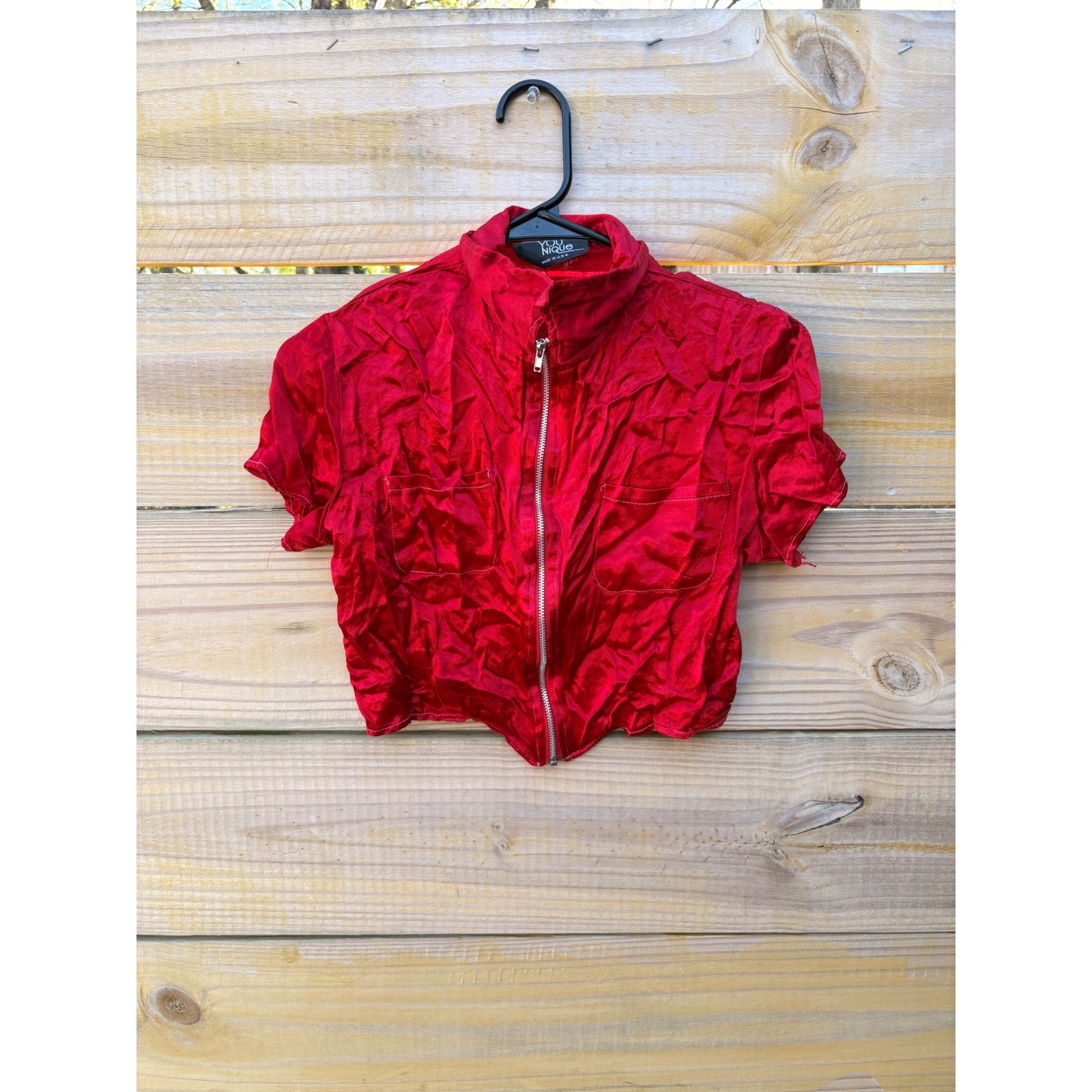 You Nique Vintage Red Crinkle Satin Zip Front Crop Top Short Sleeve Medium USA
