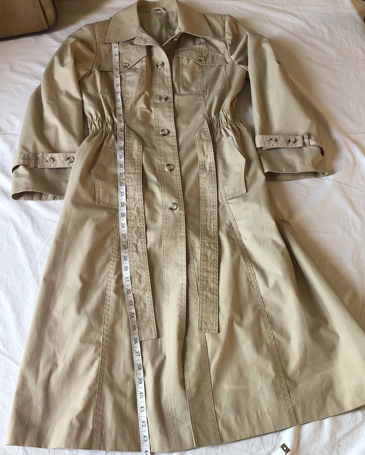 Vtg Sears Bazaar Jrs 9 Beige Khaki Trench Coat Pockets Belted Cinched Lined