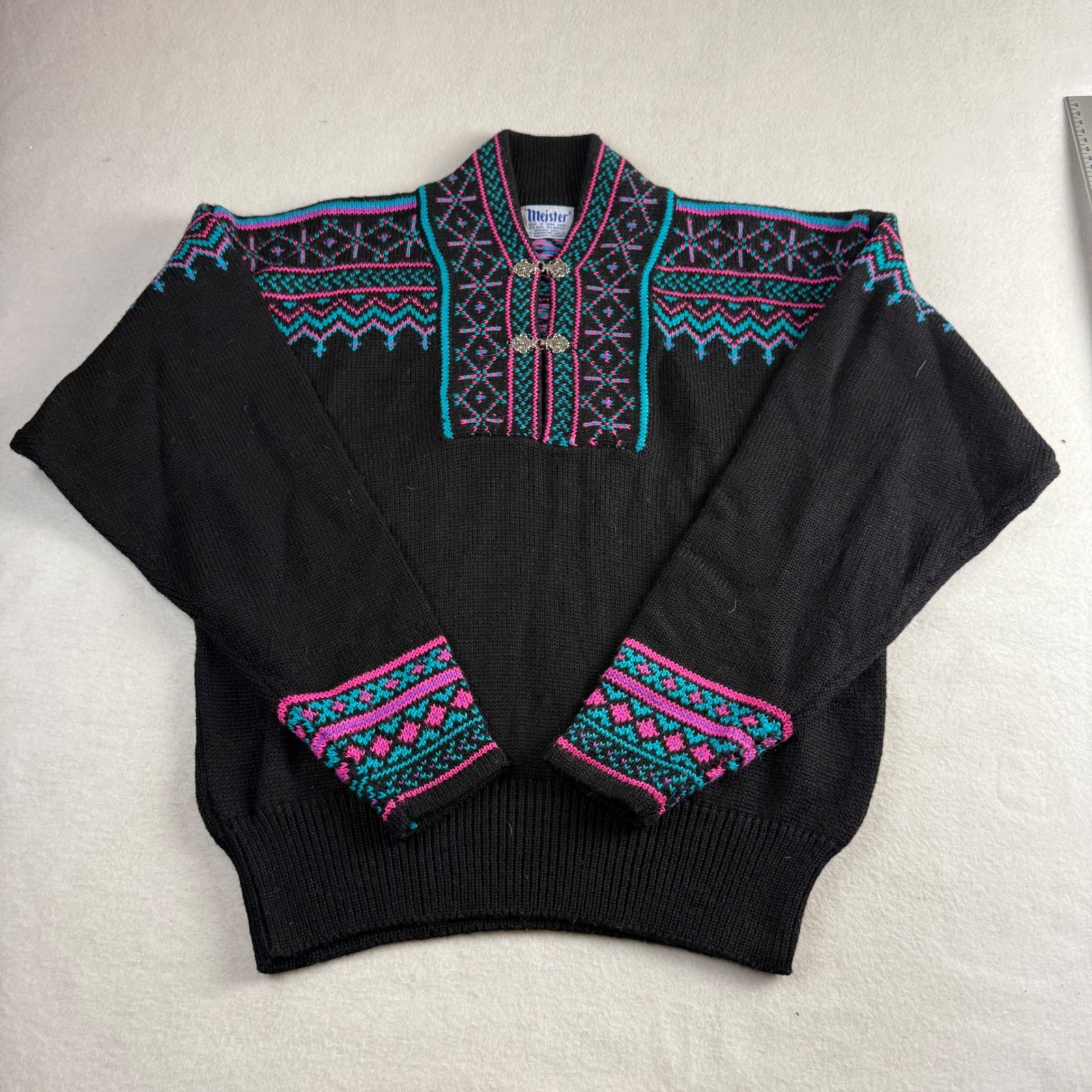 Vintage Meister Nordic Wool Blend Sweater Black Pink Teal Silver Clasps Size M