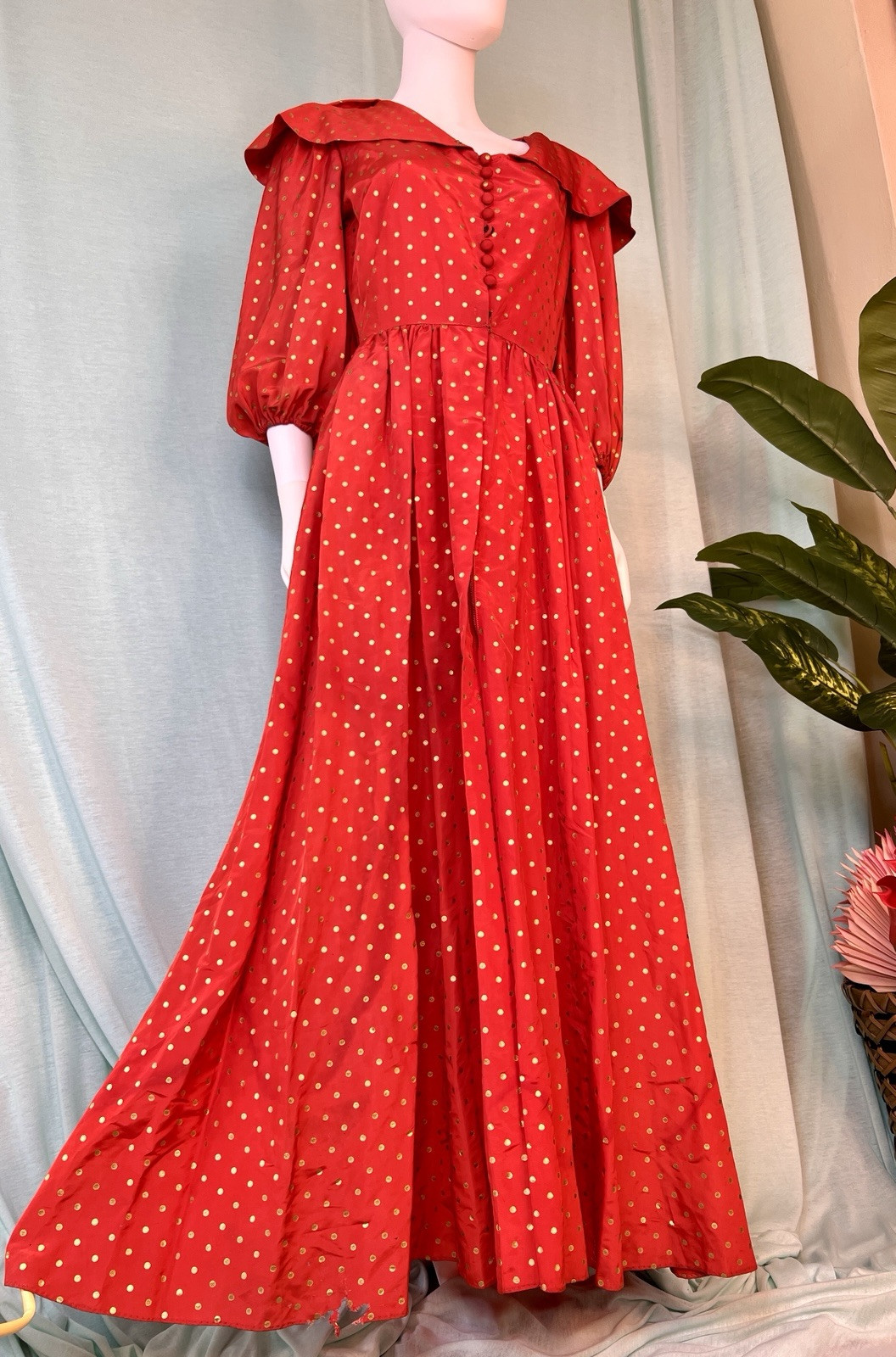 Vintage 1940s Red & Gold Polka Dot Flobert Maxi Formal Dress, 38 bust, 27 waist