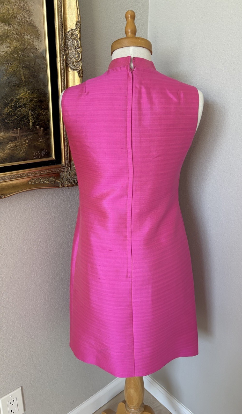 VTG 60s Pink Yellow Stripes Mod GoGo Sz S Party Coat & Dress Dupioni Silk EUC