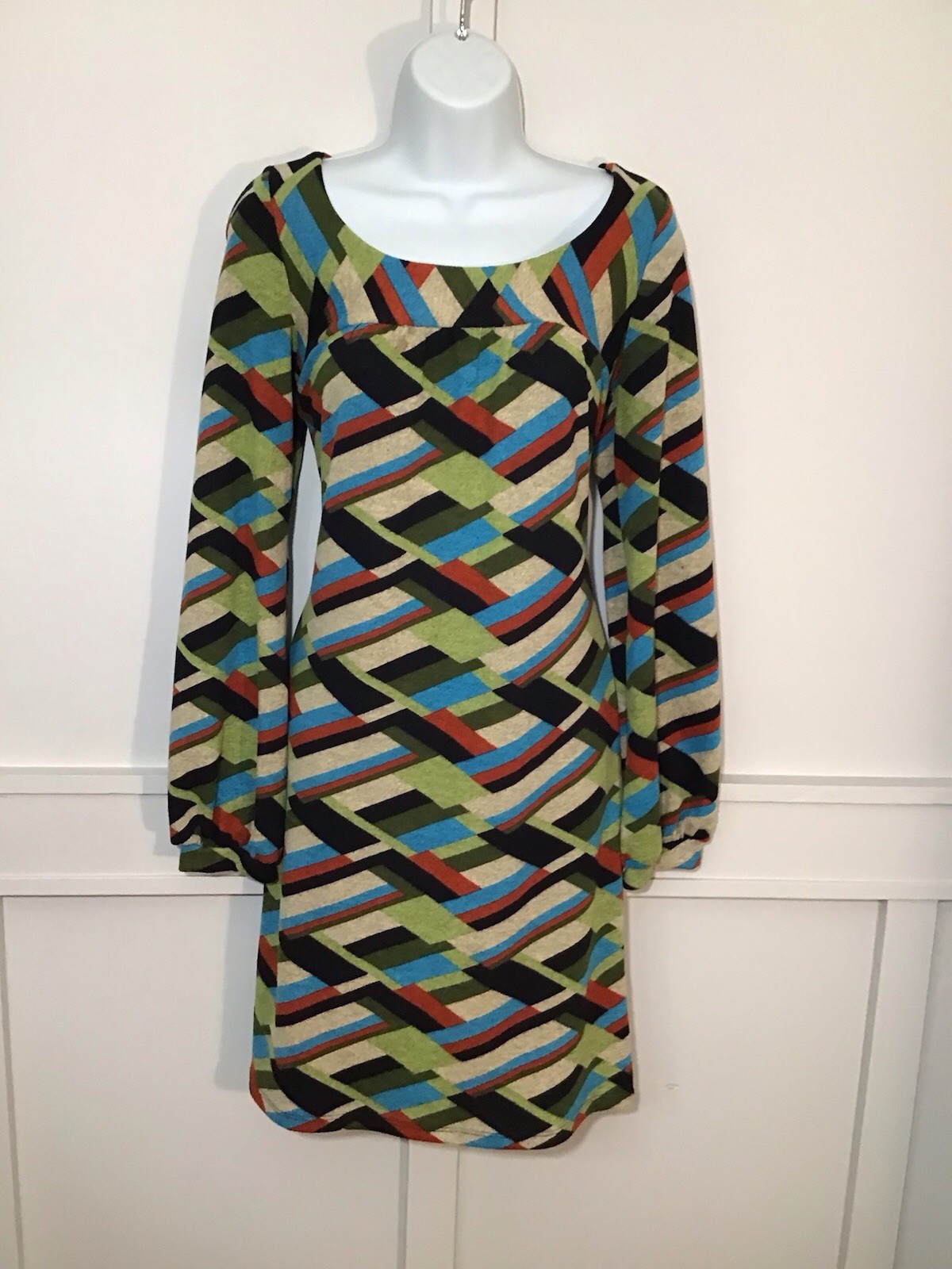 Vintage Blue Green Orange Black Groovy Jersey Mod Dress Size Medium Geometric