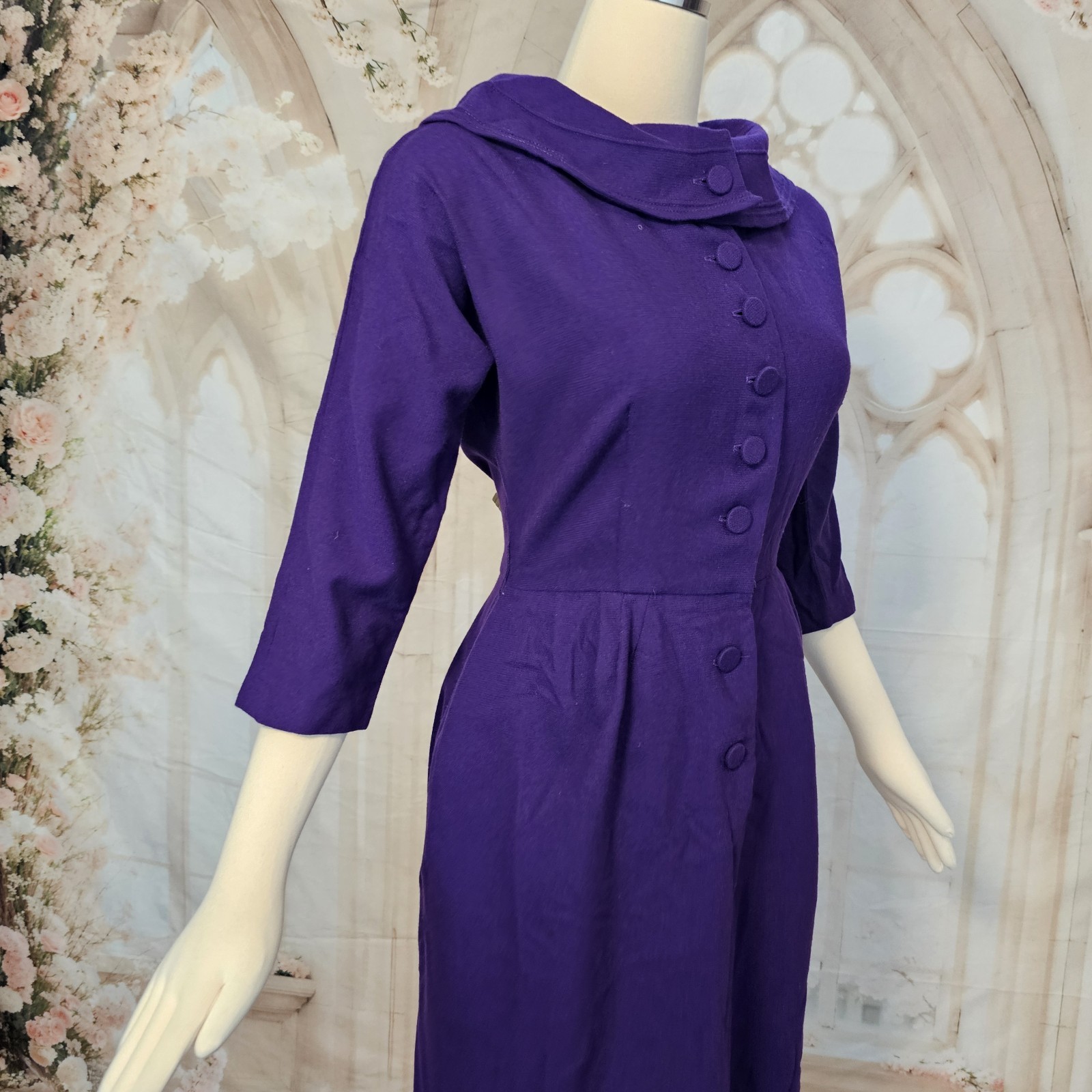 Vintage 1950s Fitted Wiggle Dress Wool Purple A Pomette Fashion Pinup Rockabilly