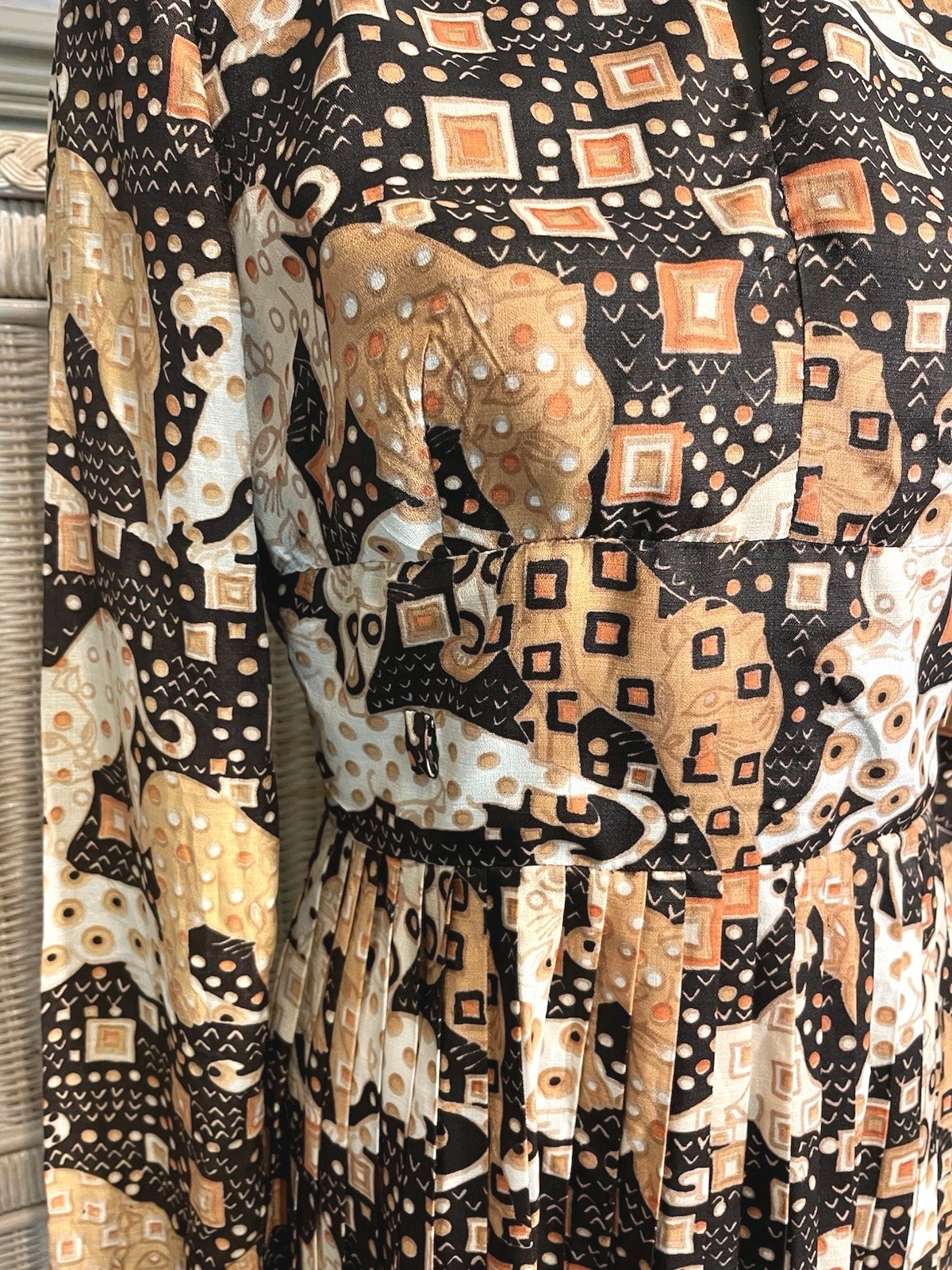 Vtg 1970’s Jaguars Psychedelic Print Dress S Mandarin Collar Pleated Skirt Union