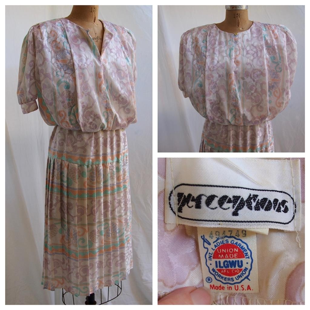 vtg 80s PERCEPTIONS Floral Pleated Skirt Elastic Waist Dress ILGWU Secretary 7/8