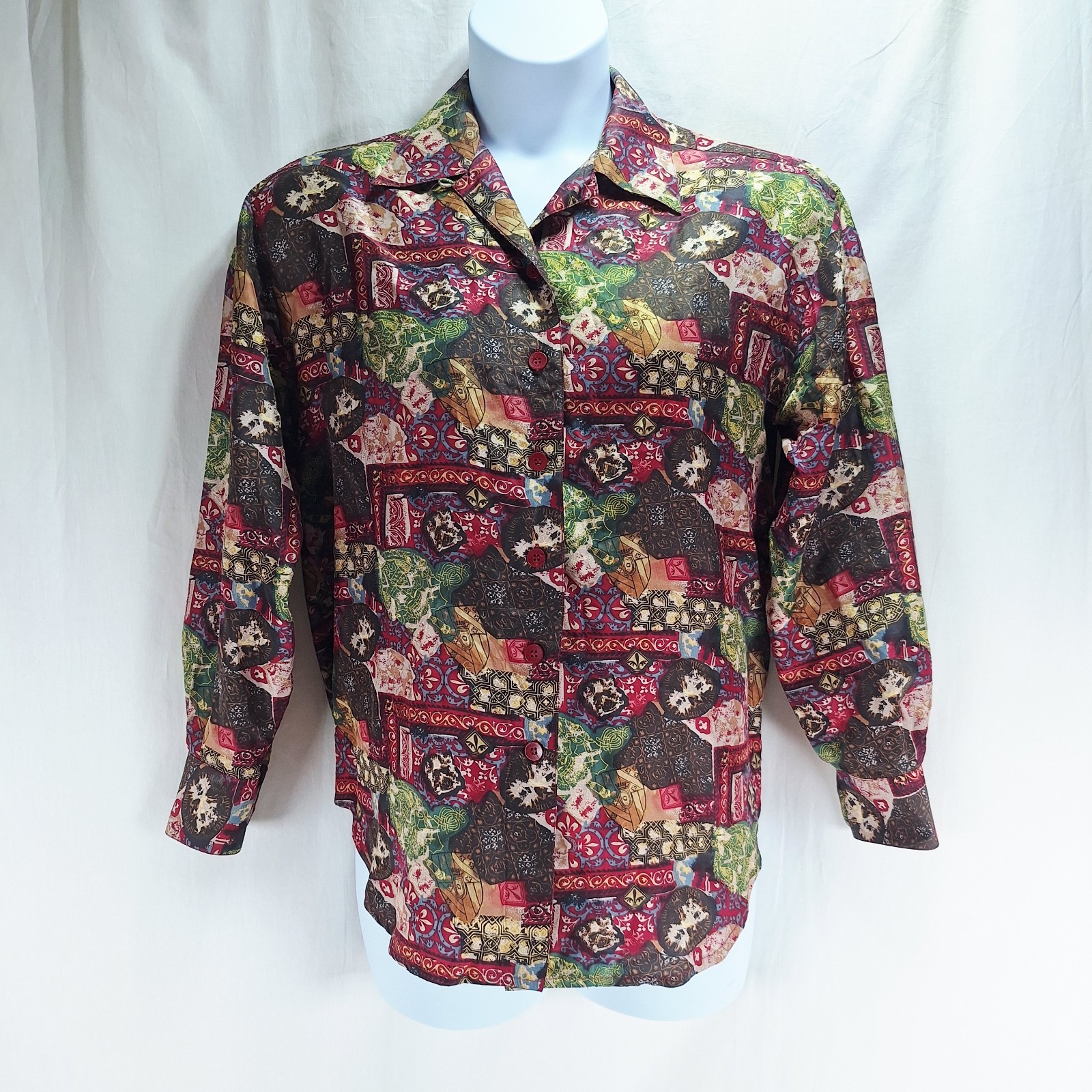 Vintage Christie & Jill 100% Silk Blouse Sz S Multicolor Abstract Button Up