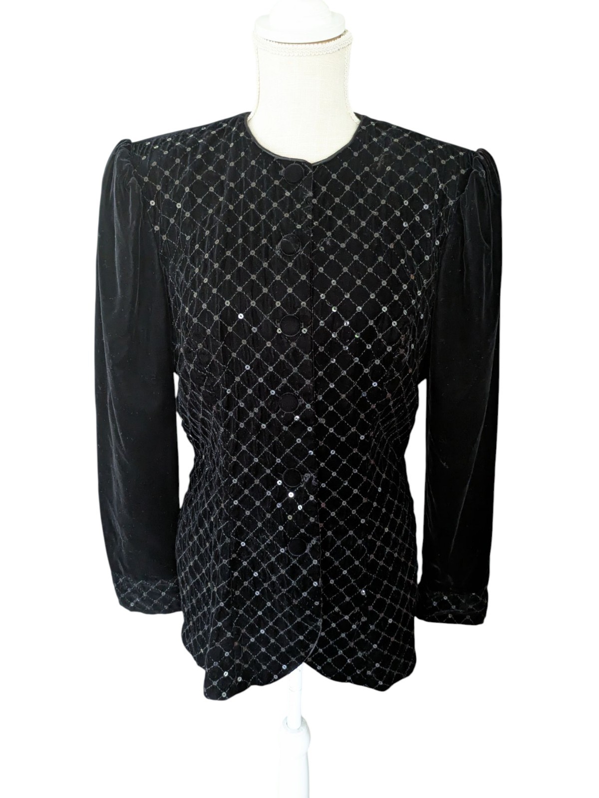 Vintage Velvet Sequin Black Jacket Scott McClintock Sportswear SZ 12 Puff Sleeve