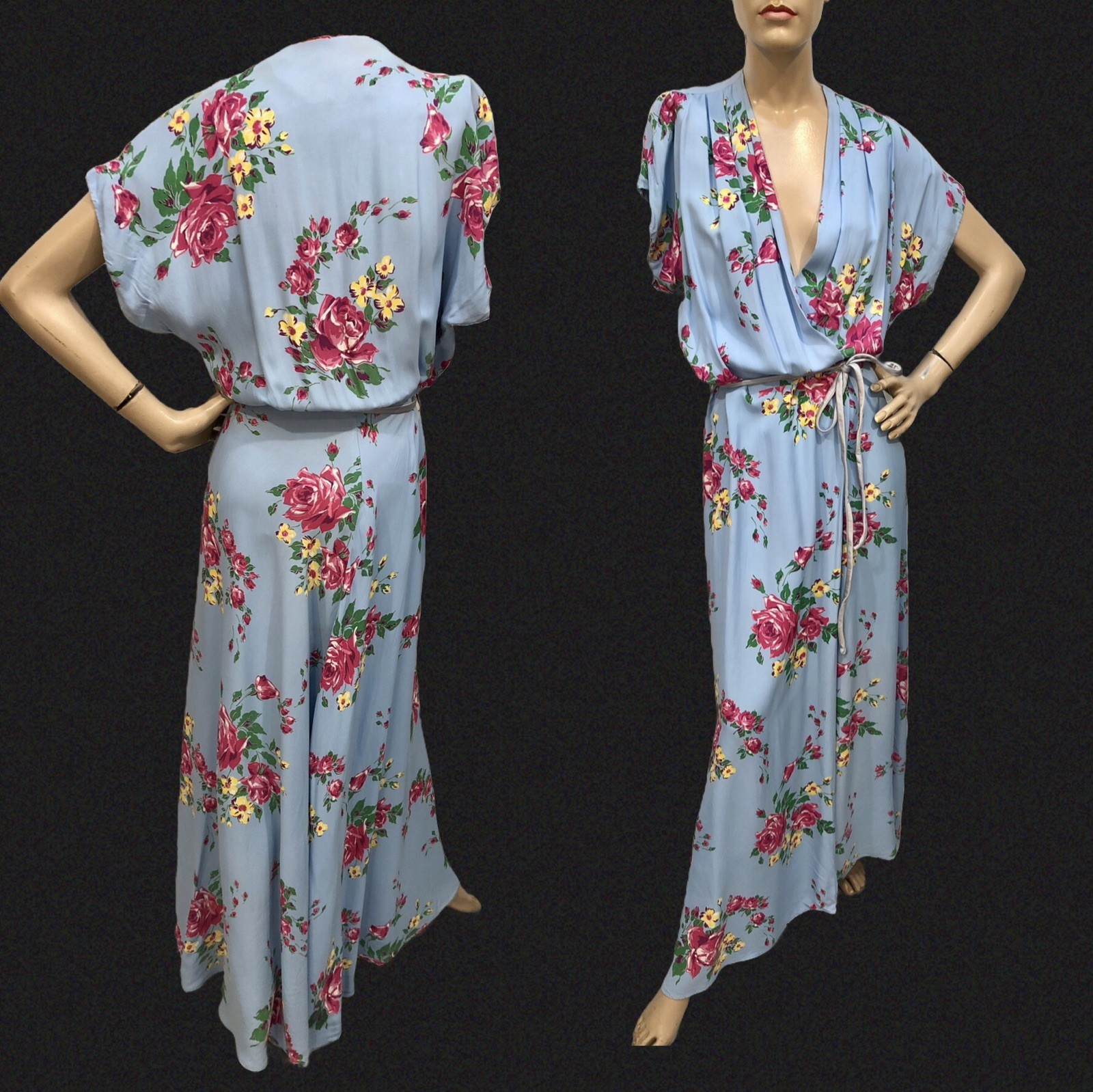 VTG 1940s FRENCH BLUE COLD RAYON Wrap DRESS or Dressing Gown *PINK ROSES PANSIES