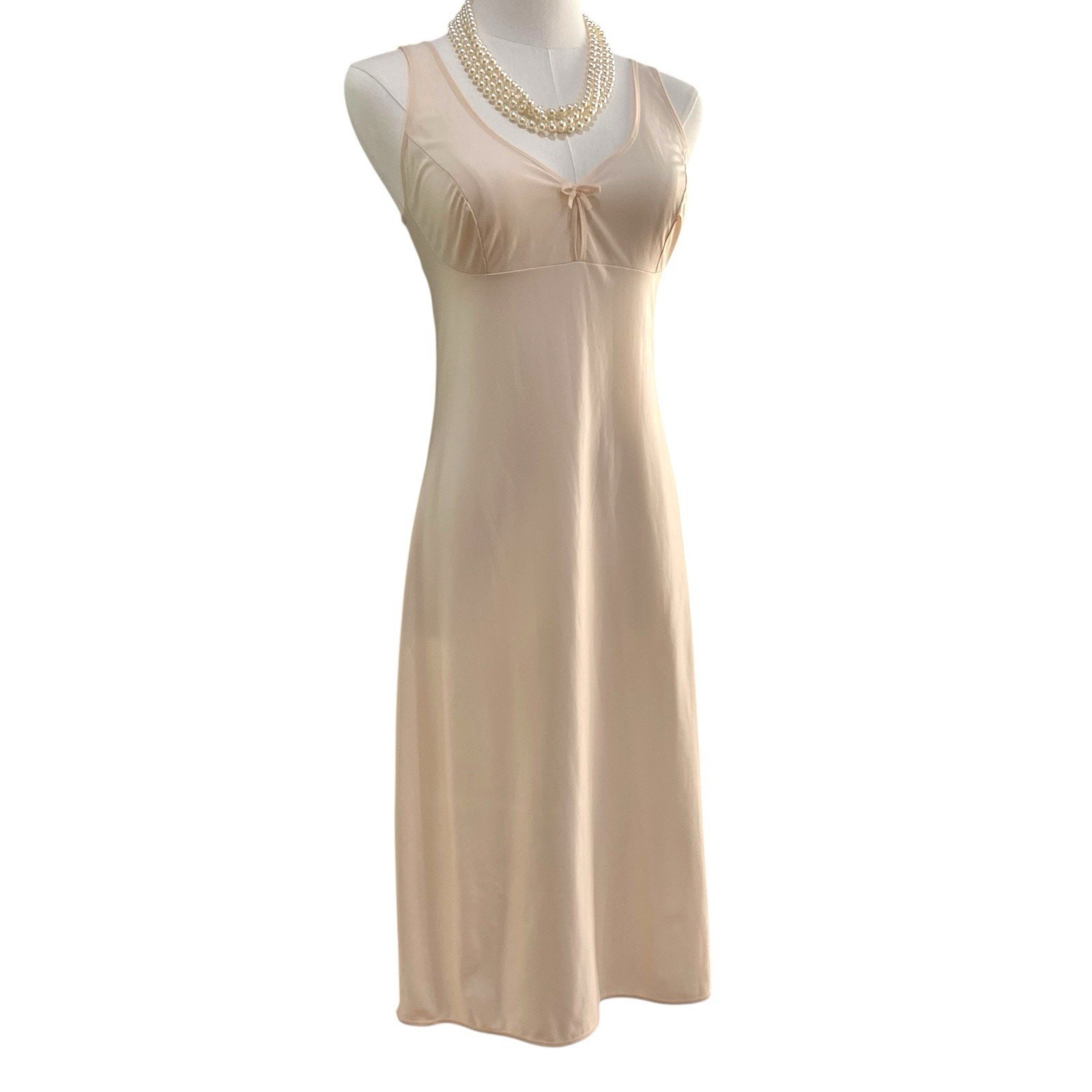 Vintage 60s Classic Beige Satin Bow Nylon Wide Strap Full Slip Dress Size S