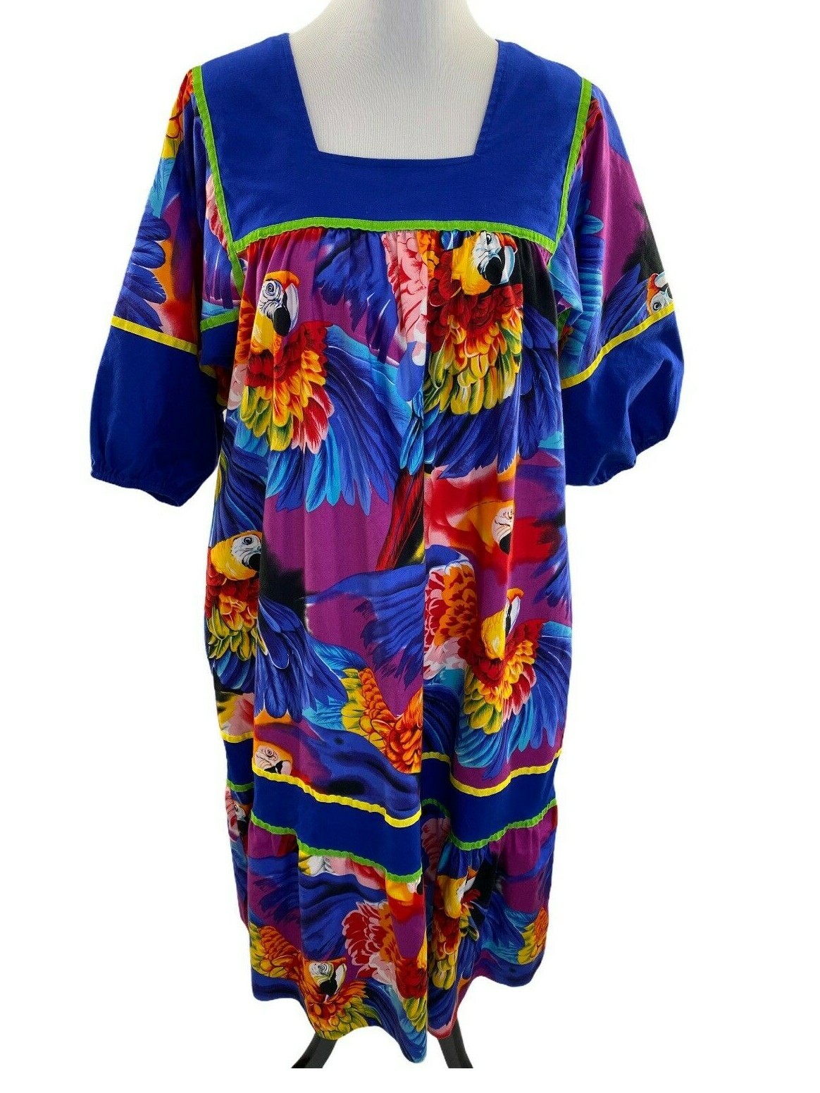 Vintage Krist Gudnason Blue Red Parrot Print MuMu Kaftan Dress Tiki Bird Rare M