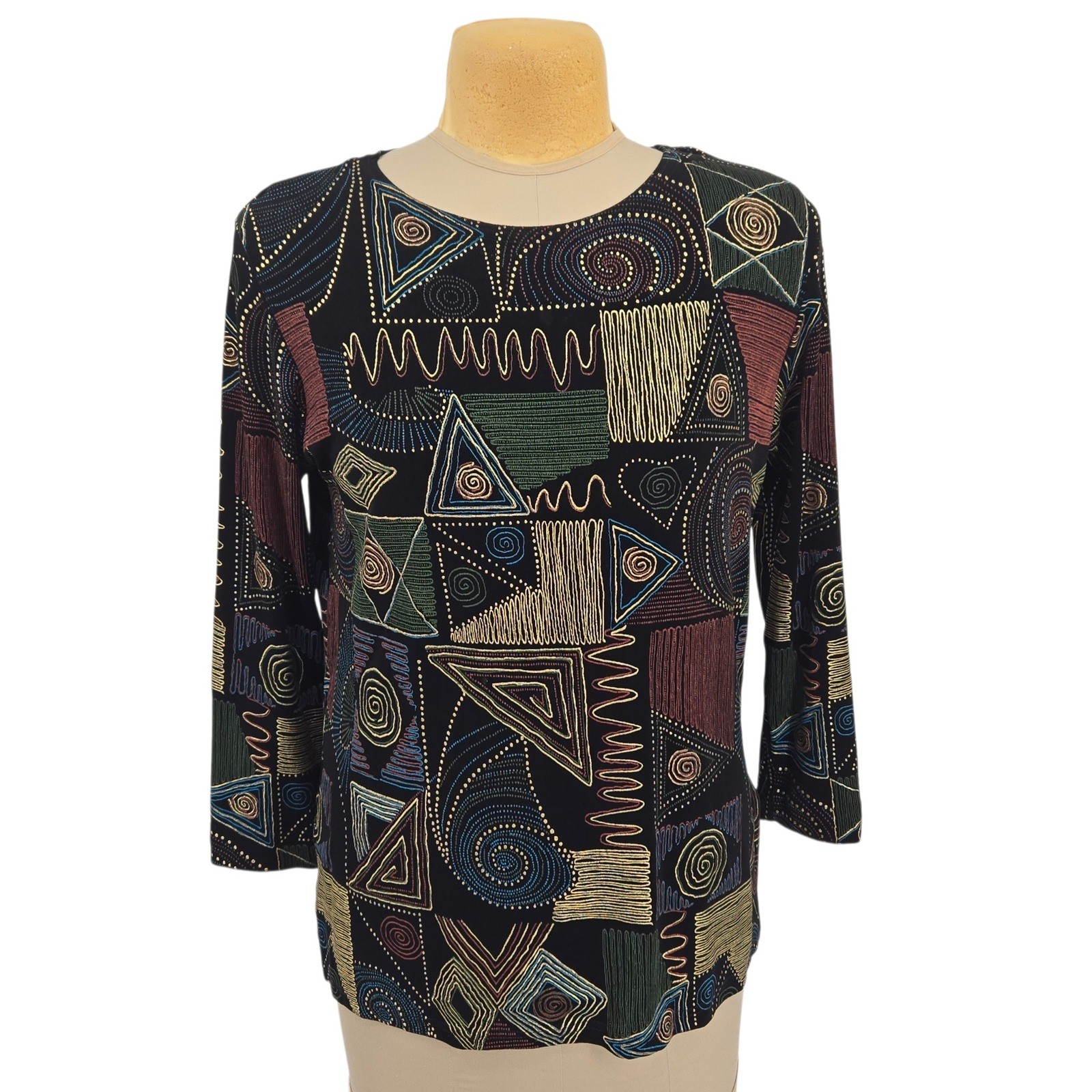 Marshall-Rousso Top M Black Geometric Abstract Vintage Artsy Resort Going Out