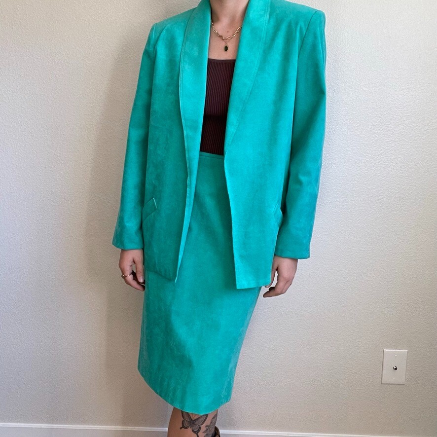 Vintage Adolph Schuman for Lilli Ann Teal Blue Ultra Suede Blazer Skirt Set Sz M