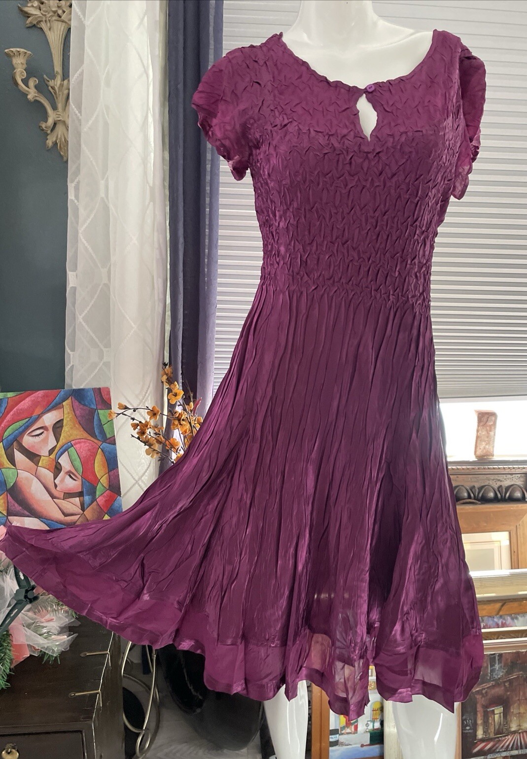Vintage 90s Expo NYSatin Crinkle Dress Flare Strech Boho Hippie Size L